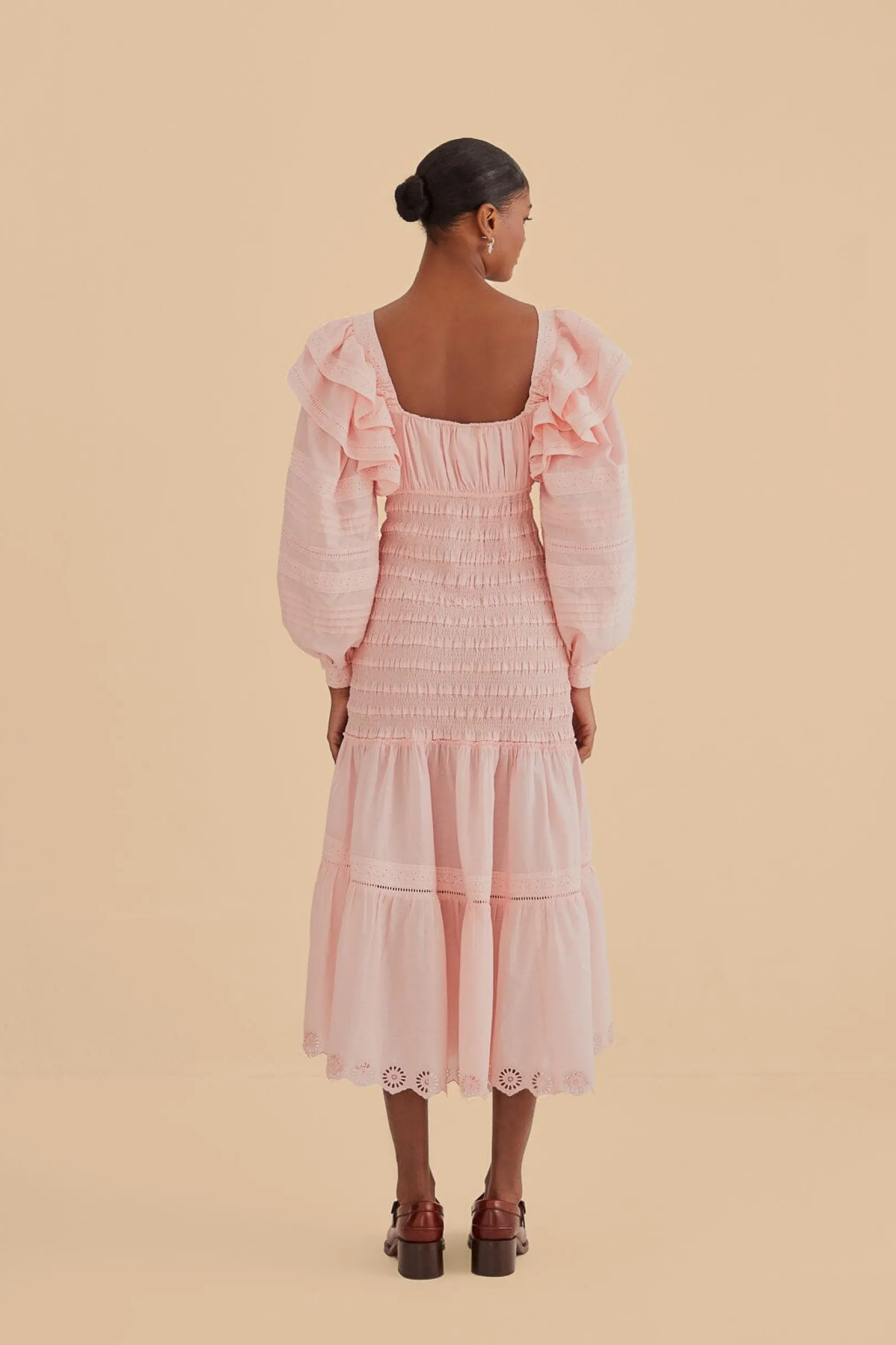 FARM Rio LIGHT PINK LONG SLEEVE SMOCKED MIDI DRESS Shop
