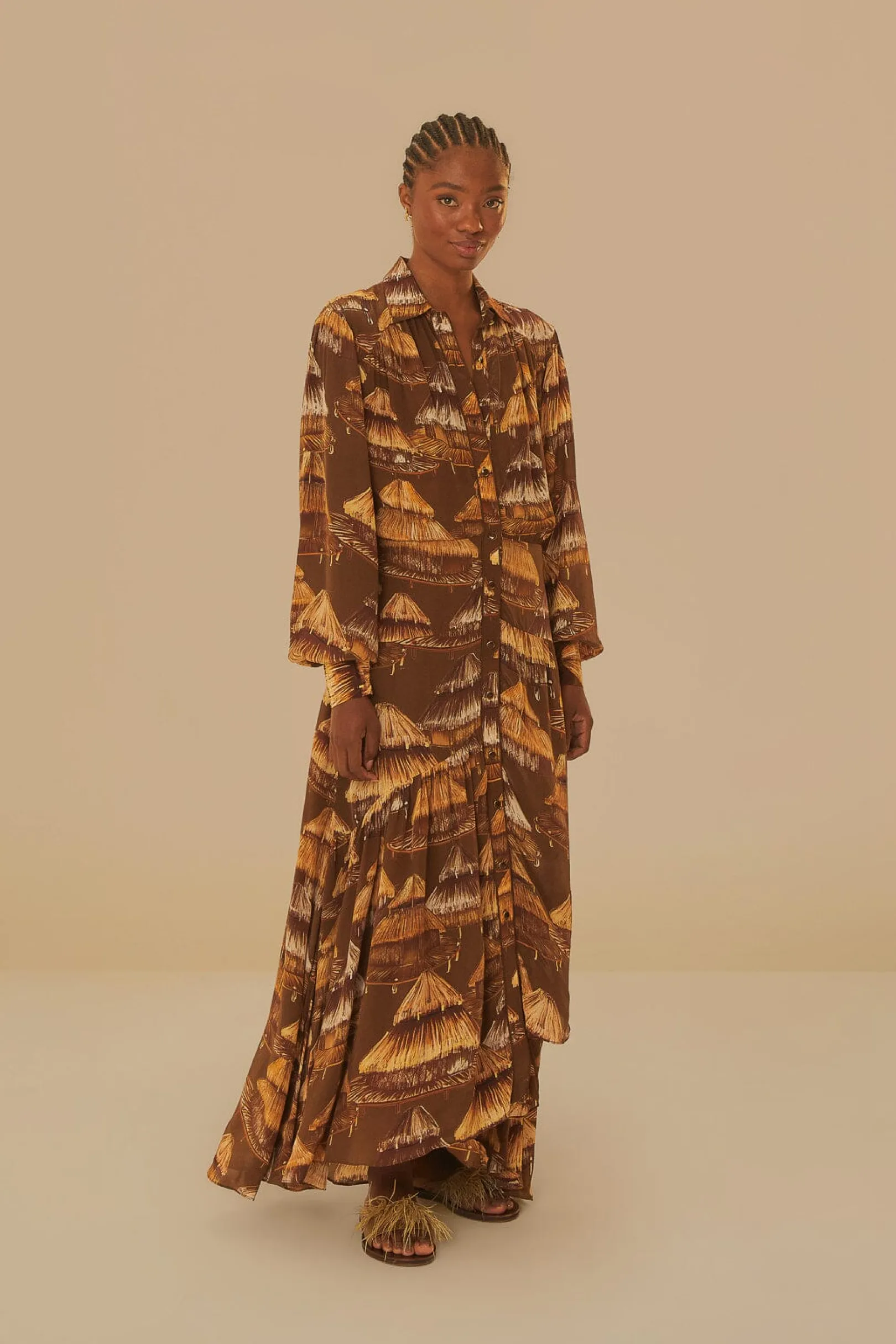 FARM Rio MALOCAS BEIGE LONG SLEEVE MIDI DRESS Discount
