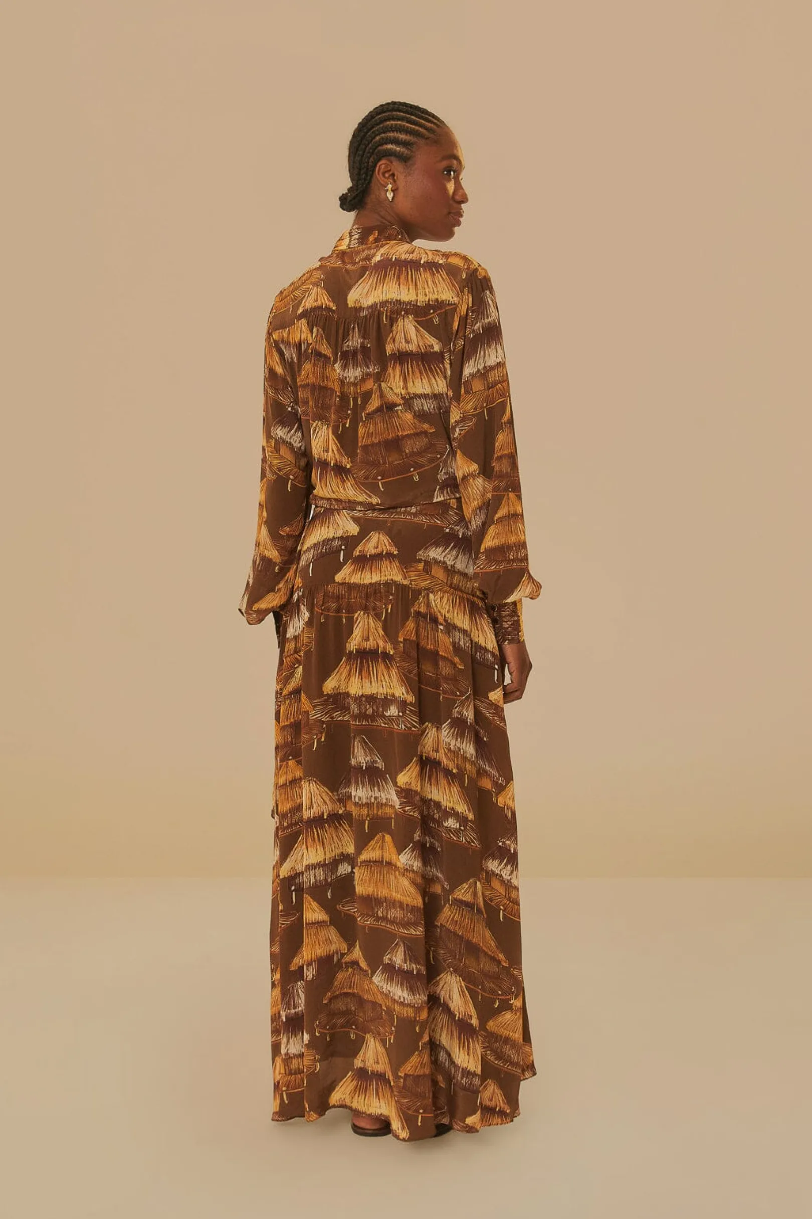 FARM Rio MALOCAS BEIGE LONG SLEEVE MIDI DRESS Discount