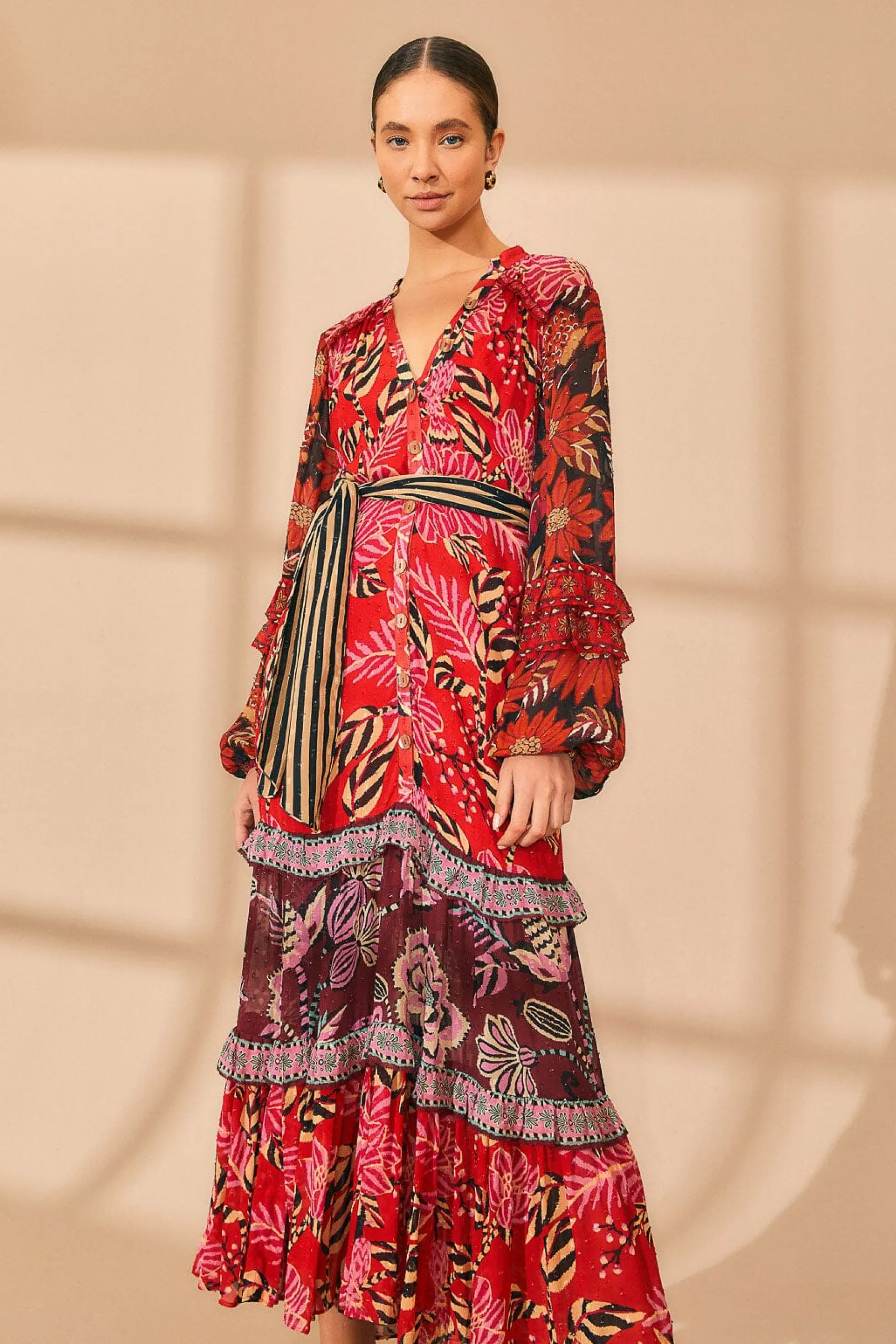 FARM Rio MIXED FLORAL PRINTS LONG SLEEVE MAXI DRESS Sale