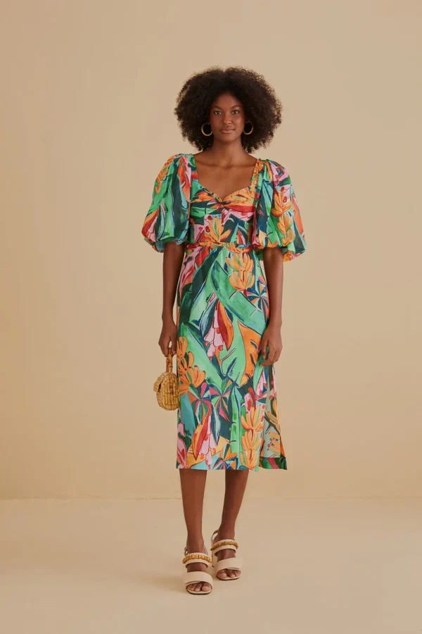 FARM Rio MULTICOLOR BANANA FOLIAGE PUFF SLEEVE MIDI DRESS Best Sale