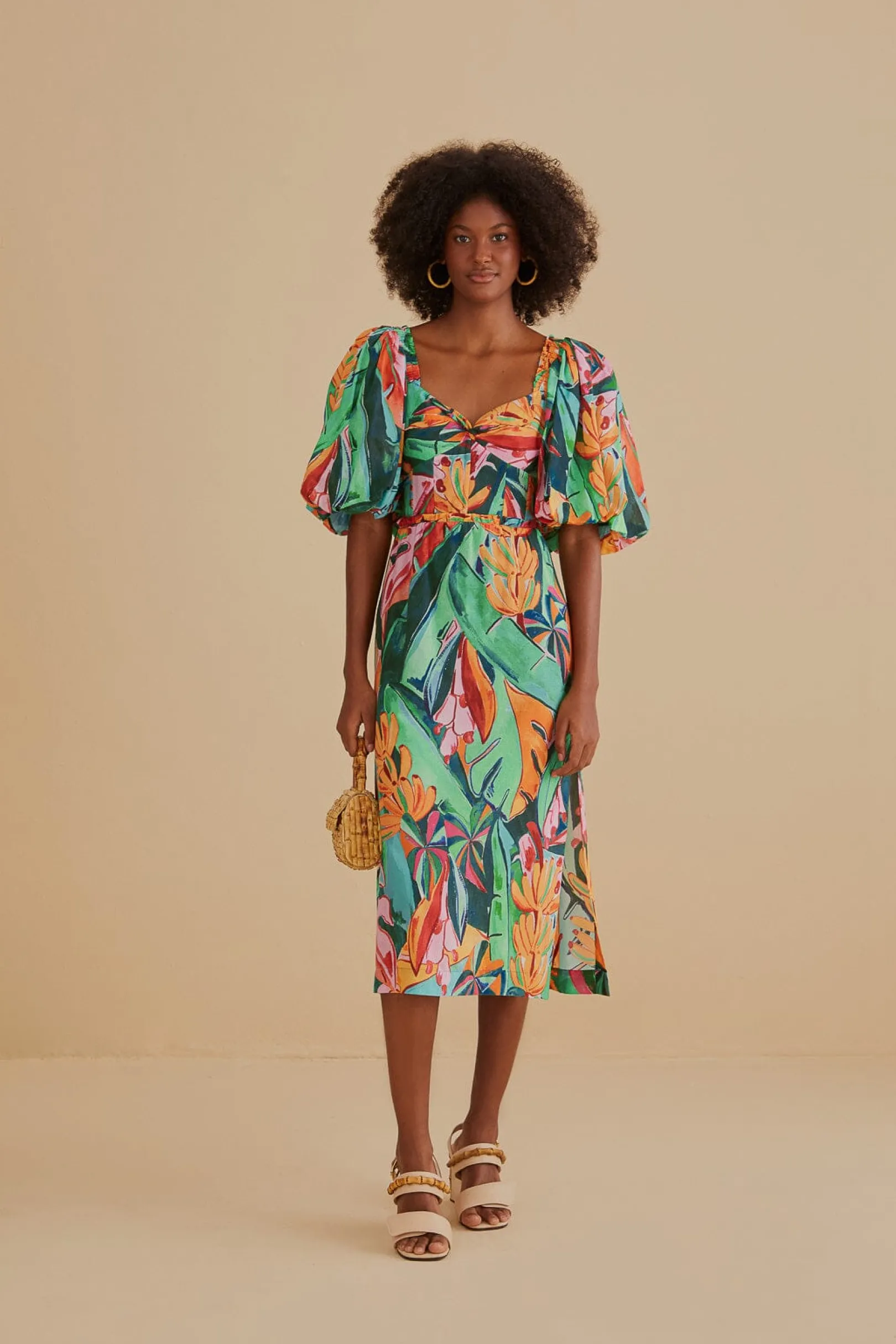 FARM Rio MULTICOLOR BANANA FOLIAGE PUFF SLEEVE MIDI DRESS Best Sale