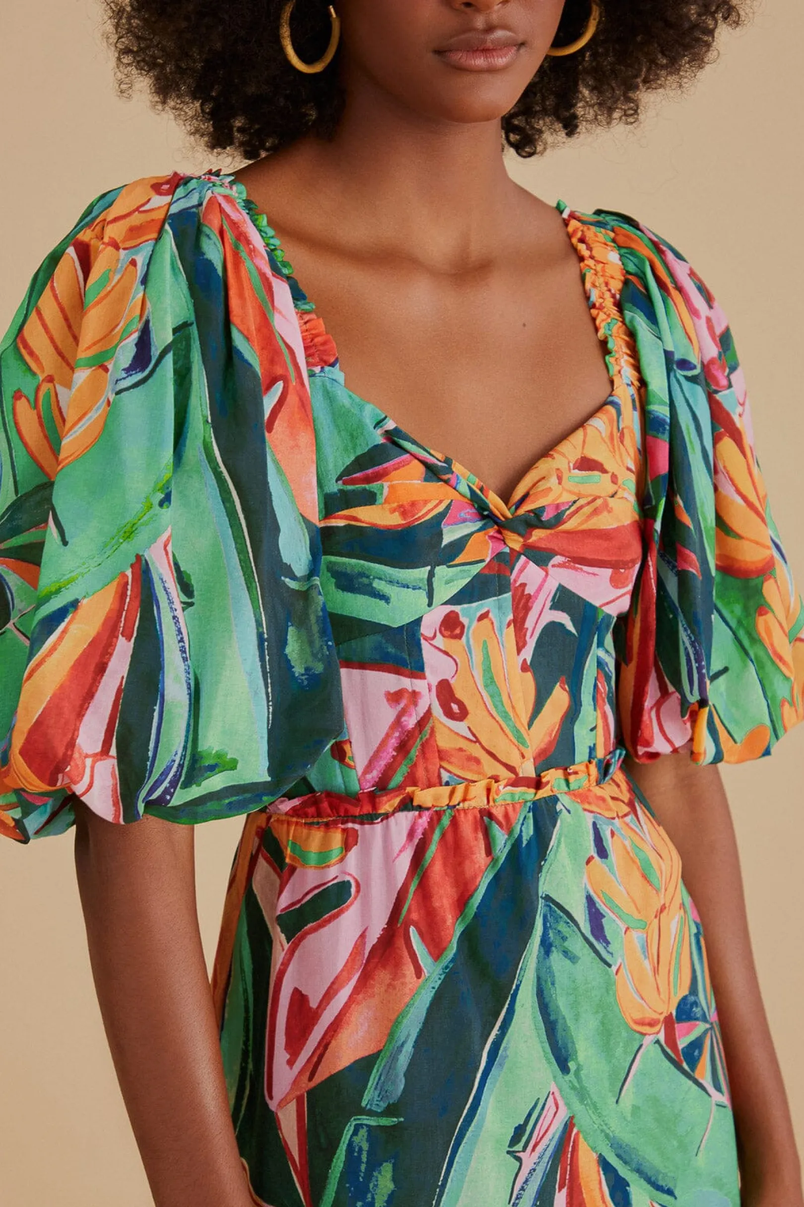FARM Rio MULTICOLOR BANANA FOLIAGE PUFF SLEEVE MIDI DRESS Best Sale