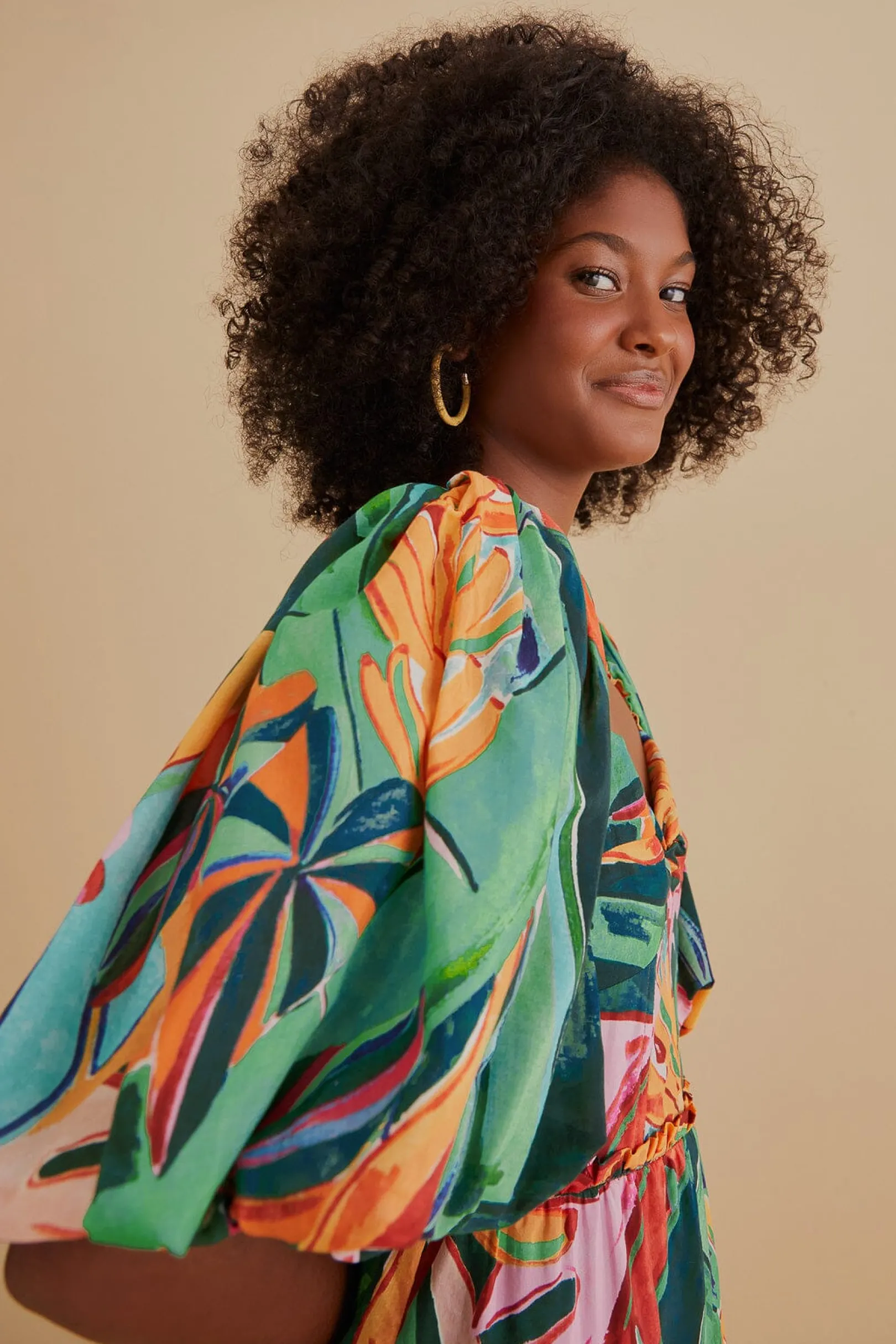 FARM Rio MULTICOLOR BANANA FOLIAGE PUFF SLEEVE MIDI DRESS Best Sale