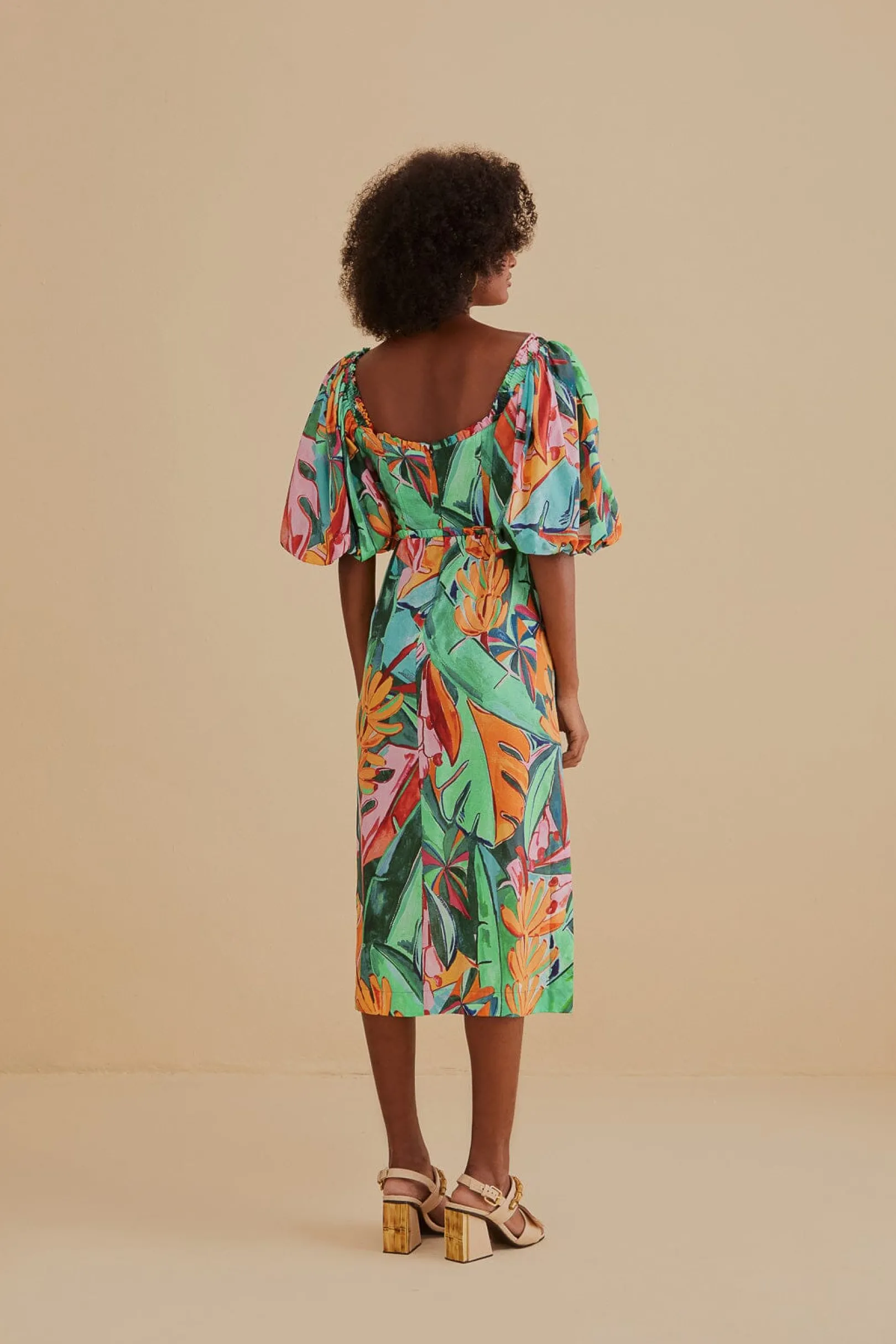 FARM Rio MULTICOLOR BANANA FOLIAGE PUFF SLEEVE MIDI DRESS Best Sale
