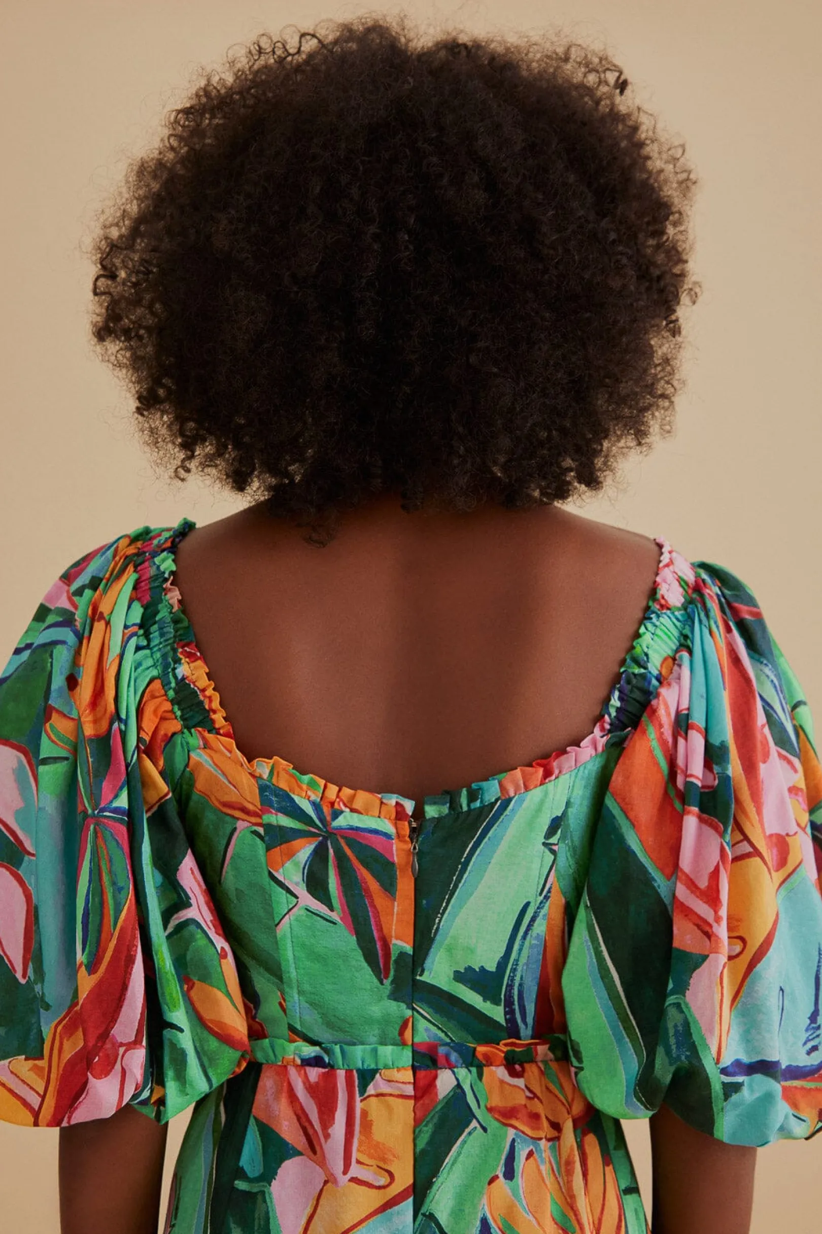 FARM Rio MULTICOLOR BANANA FOLIAGE PUFF SLEEVE MIDI DRESS Best Sale