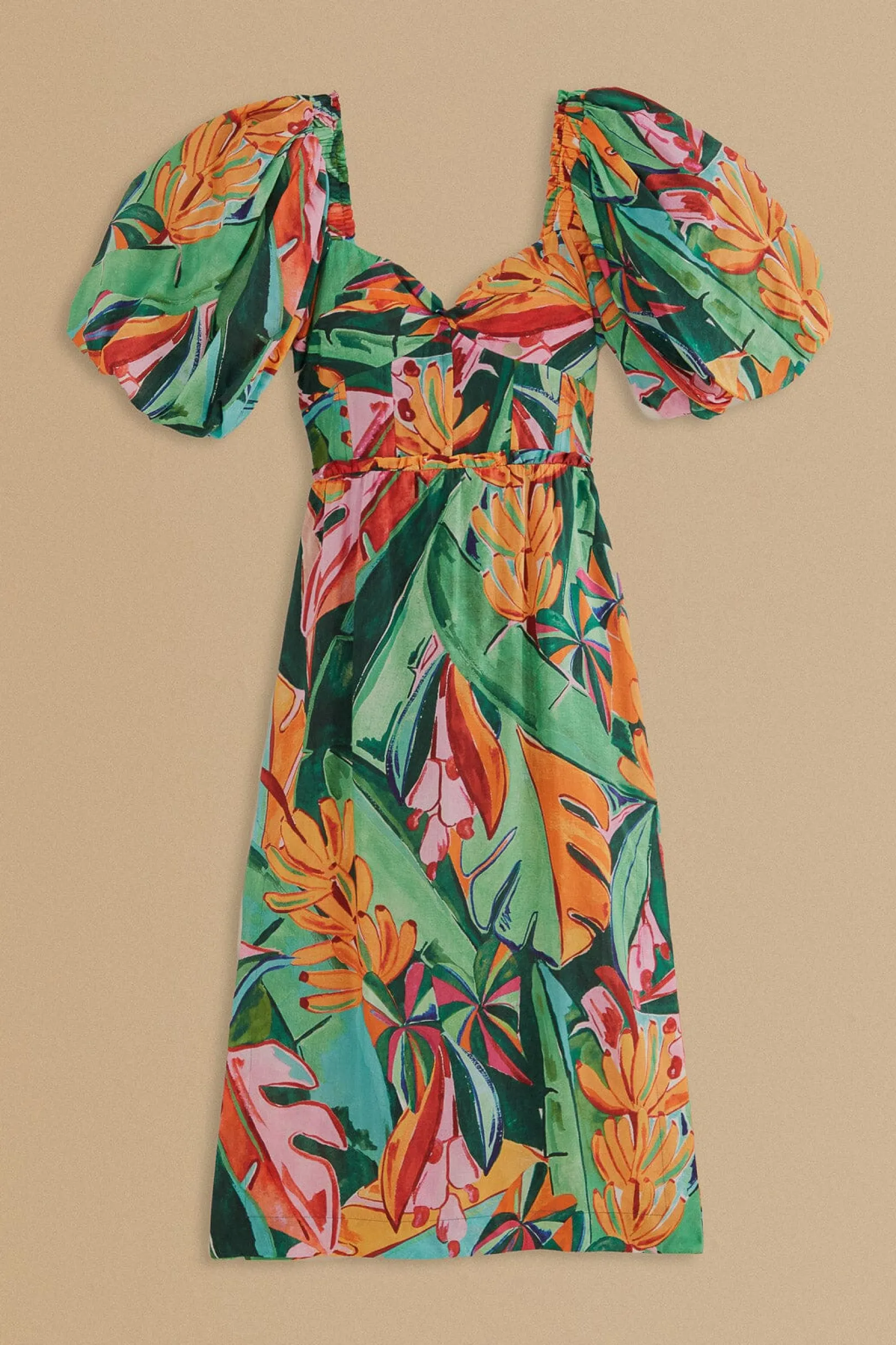 FARM Rio MULTICOLOR BANANA FOLIAGE PUFF SLEEVE MIDI DRESS Best Sale