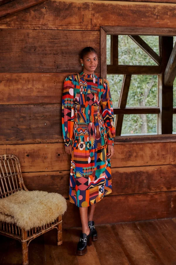 FARM Rio MULTICOLOR TROPICAL SHAPES LENZING™ ECOVERO™ VISCOSE MIDI DRESS Flash Sale