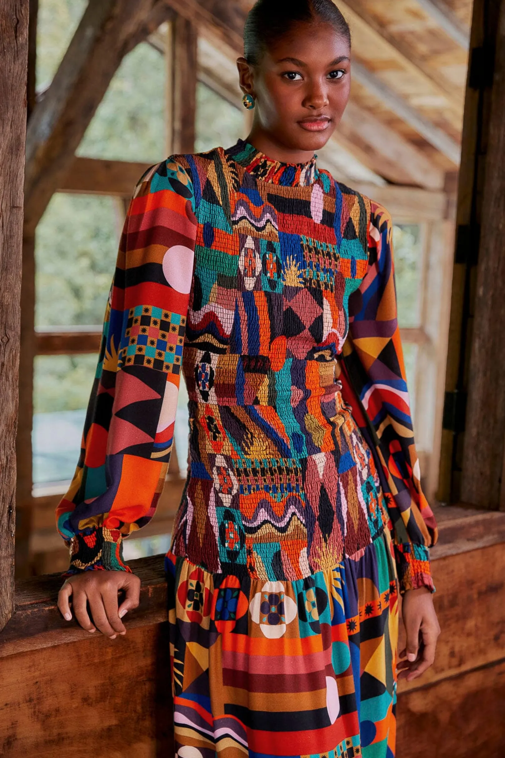 FARM Rio MULTICOLOR TROPICAL SHAPES LENZING™ ECOVERO™ VISCOSE MIDI DRESS Flash Sale
