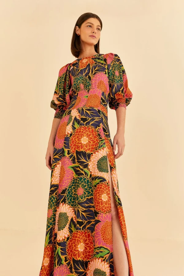 FARM Rio MULTICOLOR VINTAGE GARDEN PUFF SLEEVE MAXI DRESS New