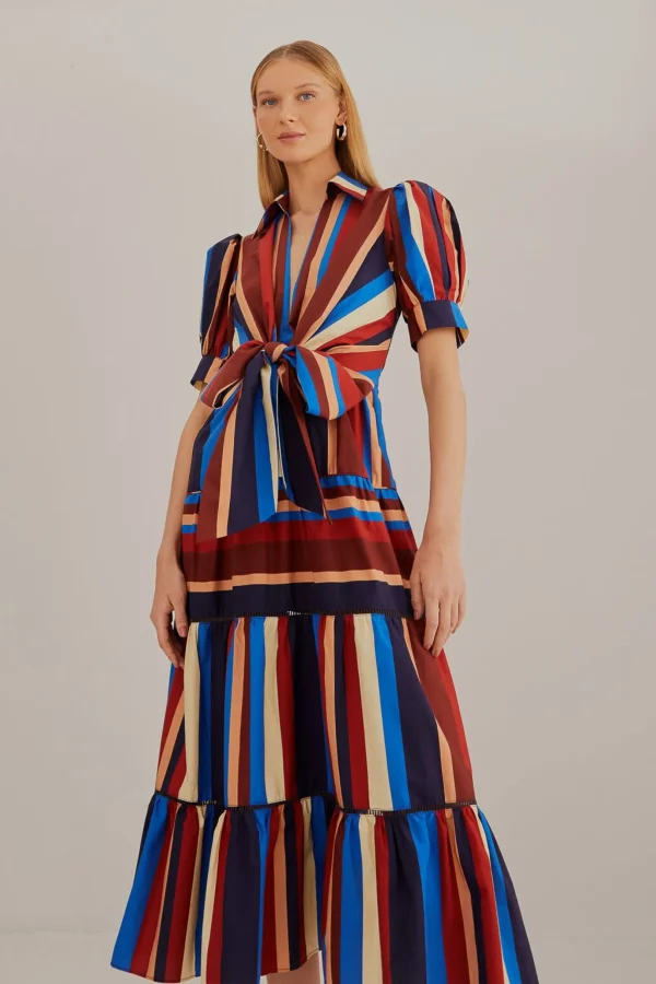 FARM Rio MULTICOLOR WINTER STRIPES SHORT SLEEVE MIDI DRESS Discount