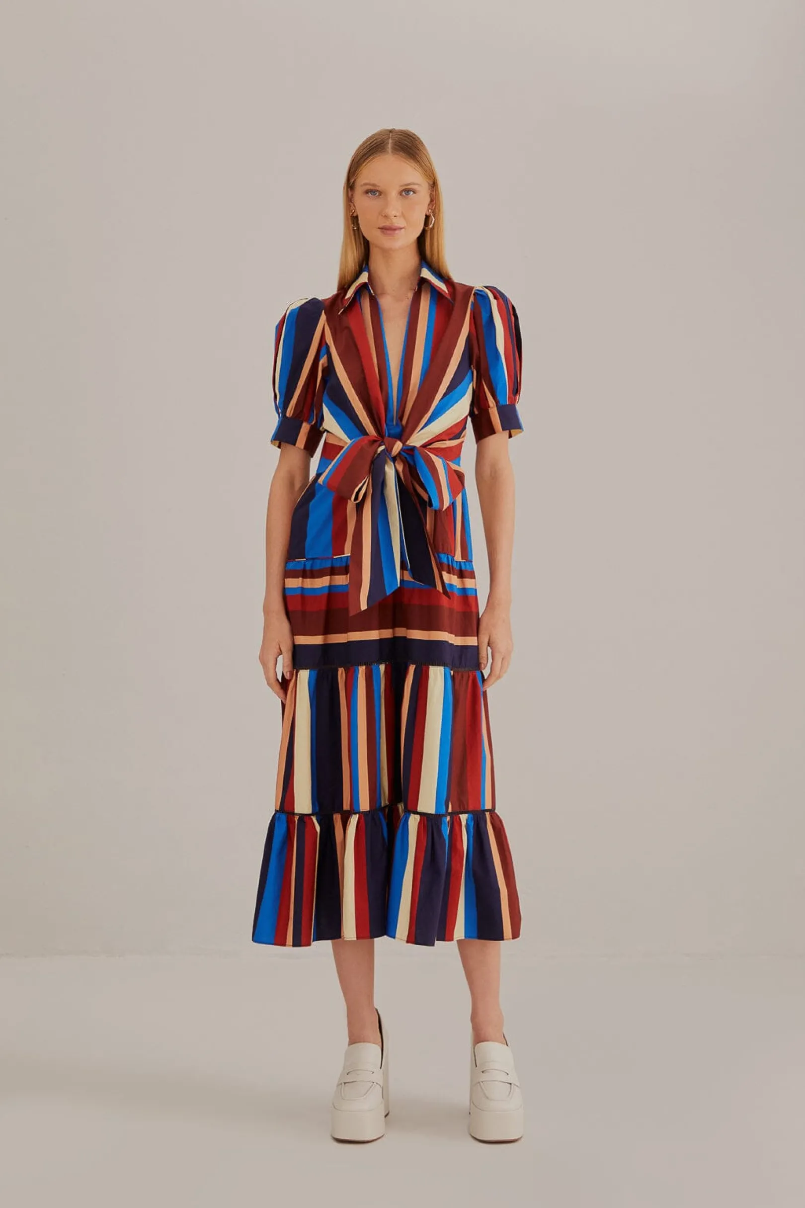 FARM Rio MULTICOLOR WINTER STRIPES SHORT SLEEVE MIDI DRESS Discount