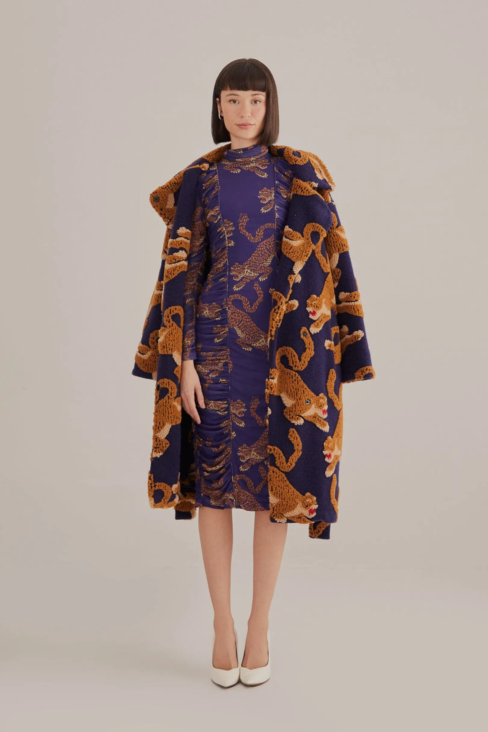 FARM Rio NAVY BLUE LEOPARDS HIGH NECK MIDI DRESS Cheap