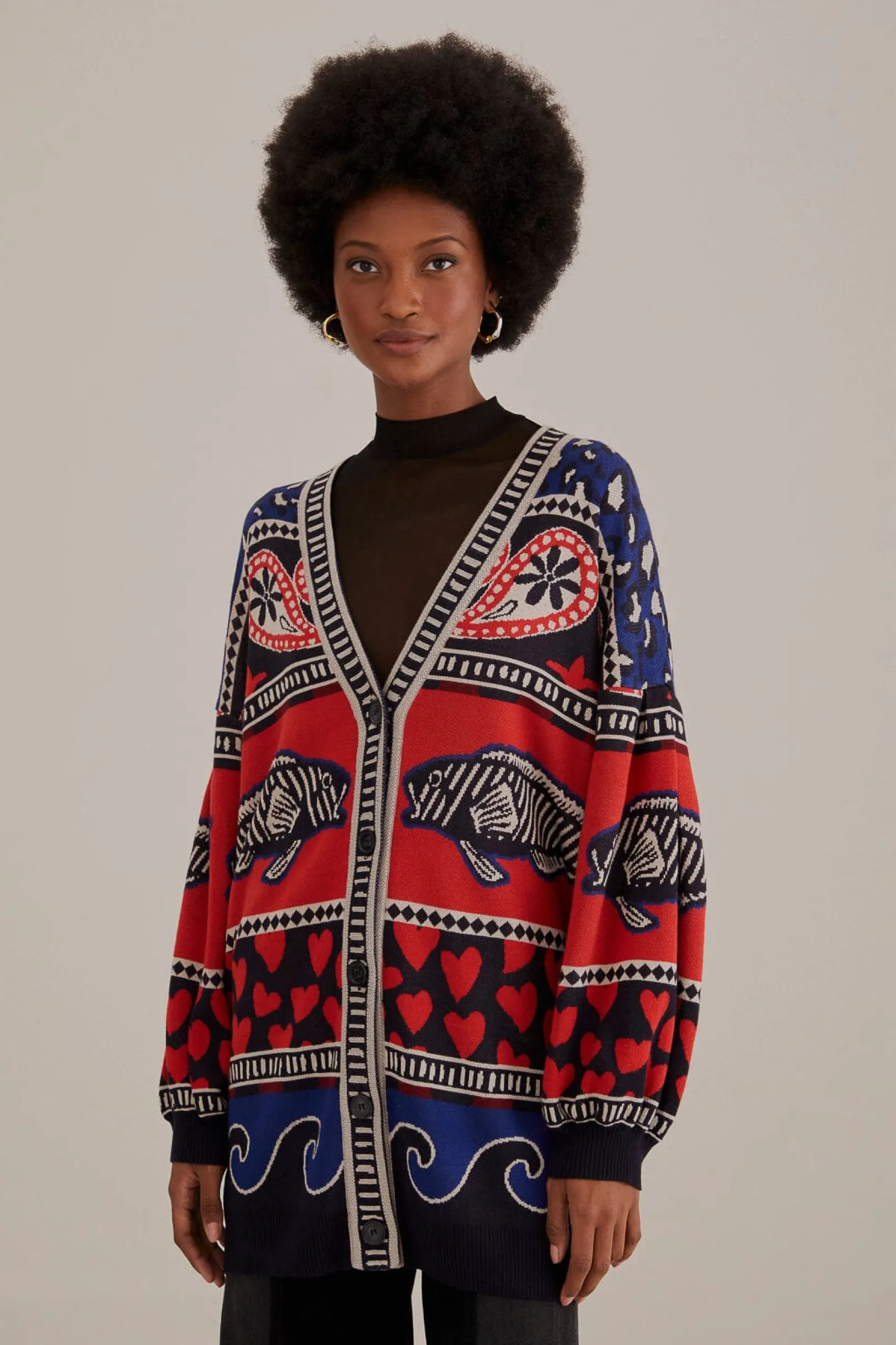 FARM Rio NAVY MIXED PRINTS KNIT CARDIGAN Cheap