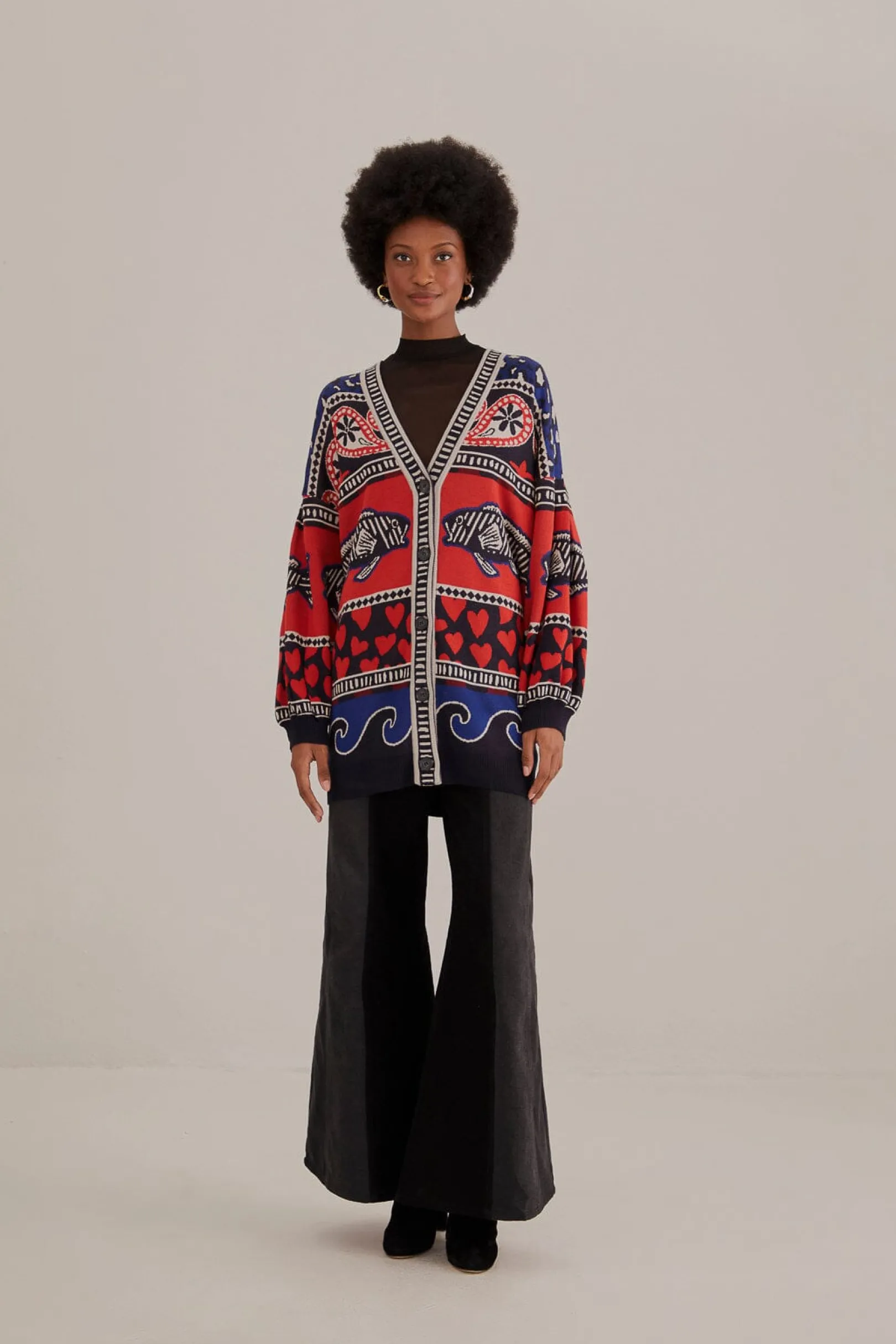 FARM Rio NAVY MIXED PRINTS KNIT CARDIGAN Cheap