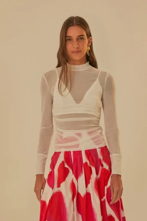FARM Rio  OFF WHITE TULLE LONG SLEEVED BLOUSE Flash Sale