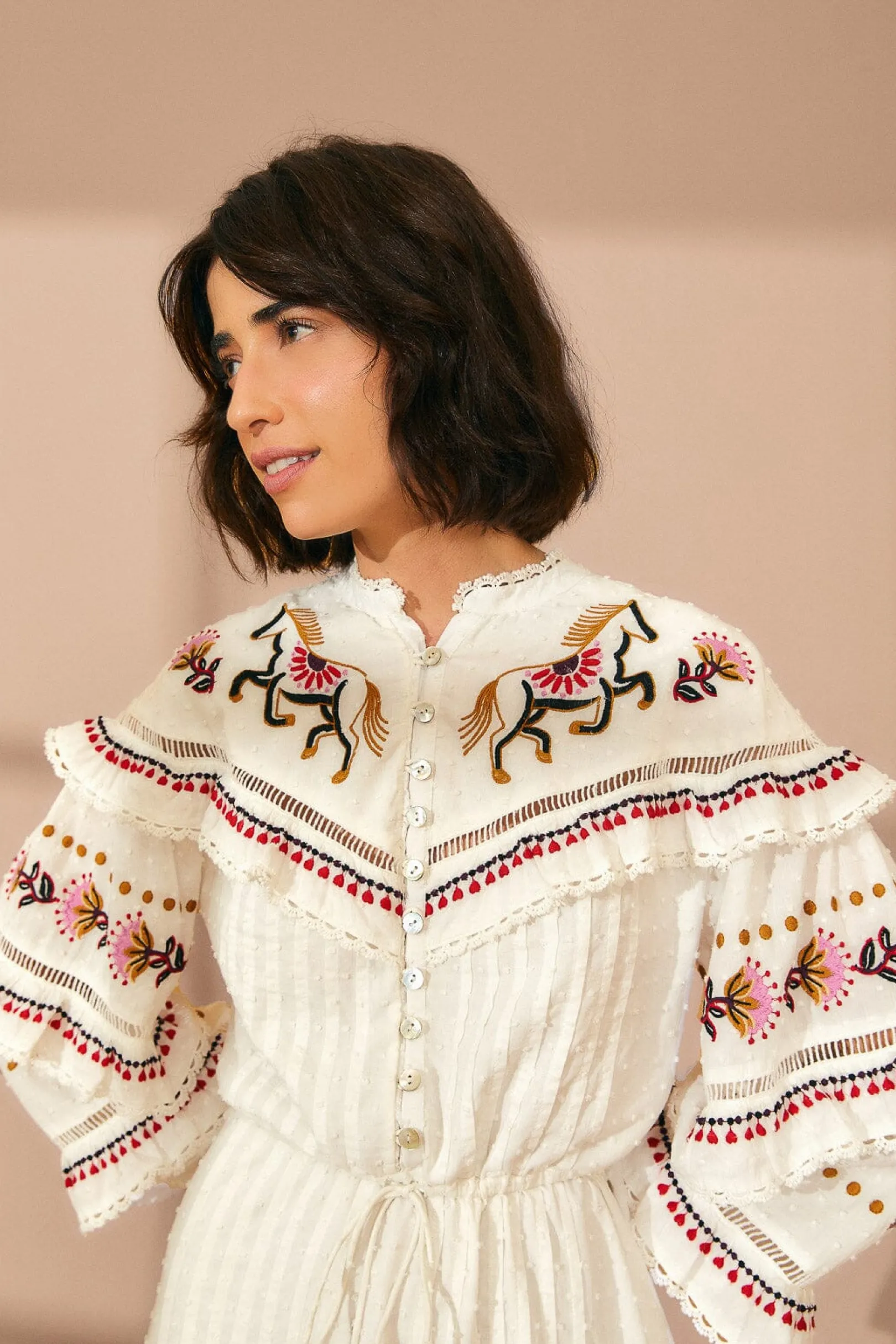 FARM Rio OFF-WHITE EMBROIDERED HORSES RUFFLE MINI DRESS Best