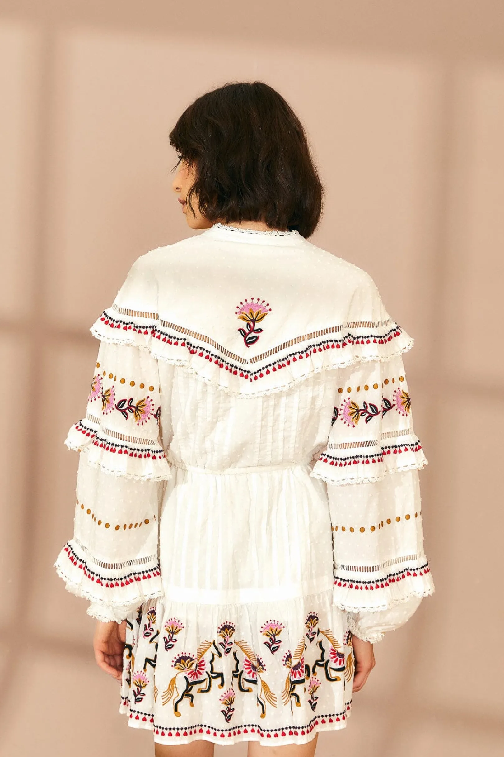 FARM Rio OFF-WHITE EMBROIDERED HORSES RUFFLE MINI DRESS Best