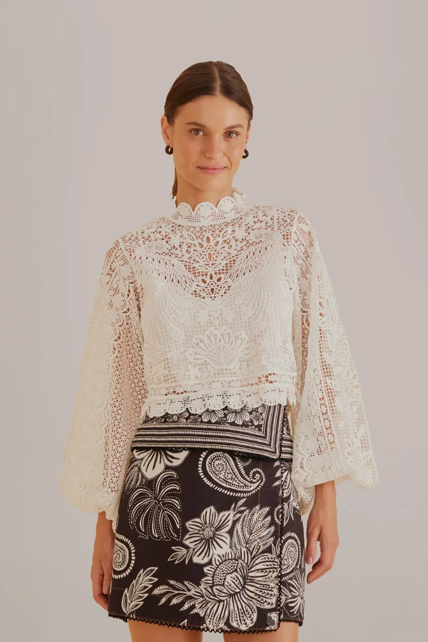 FARM Rio OFF-WHITE GUIPURE LONG SLEEVE BLOUSE Shop