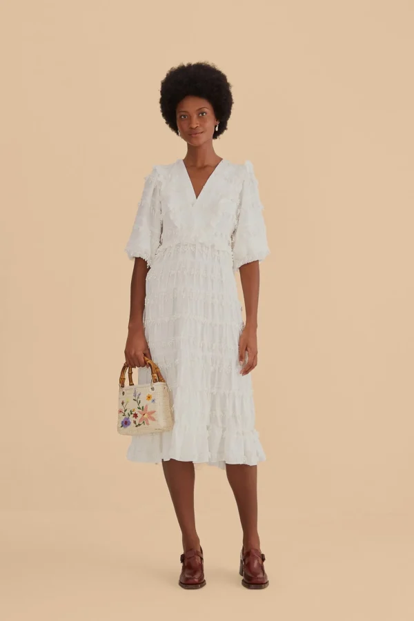 FARM Rio OFF-WHITE RUFFLE TASSELS MIDI DRESS Store