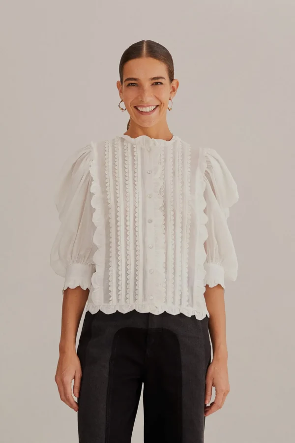 FARM Rio  OFF-WHITE SHORT SLEEVE PLEATED BLOUSE Best