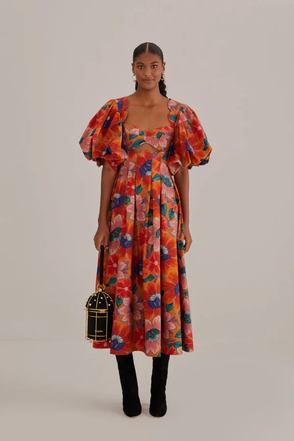 FARM Rio ORANGE MARIAS FLORAL CUT-OUT MIDI DRESS Sale
