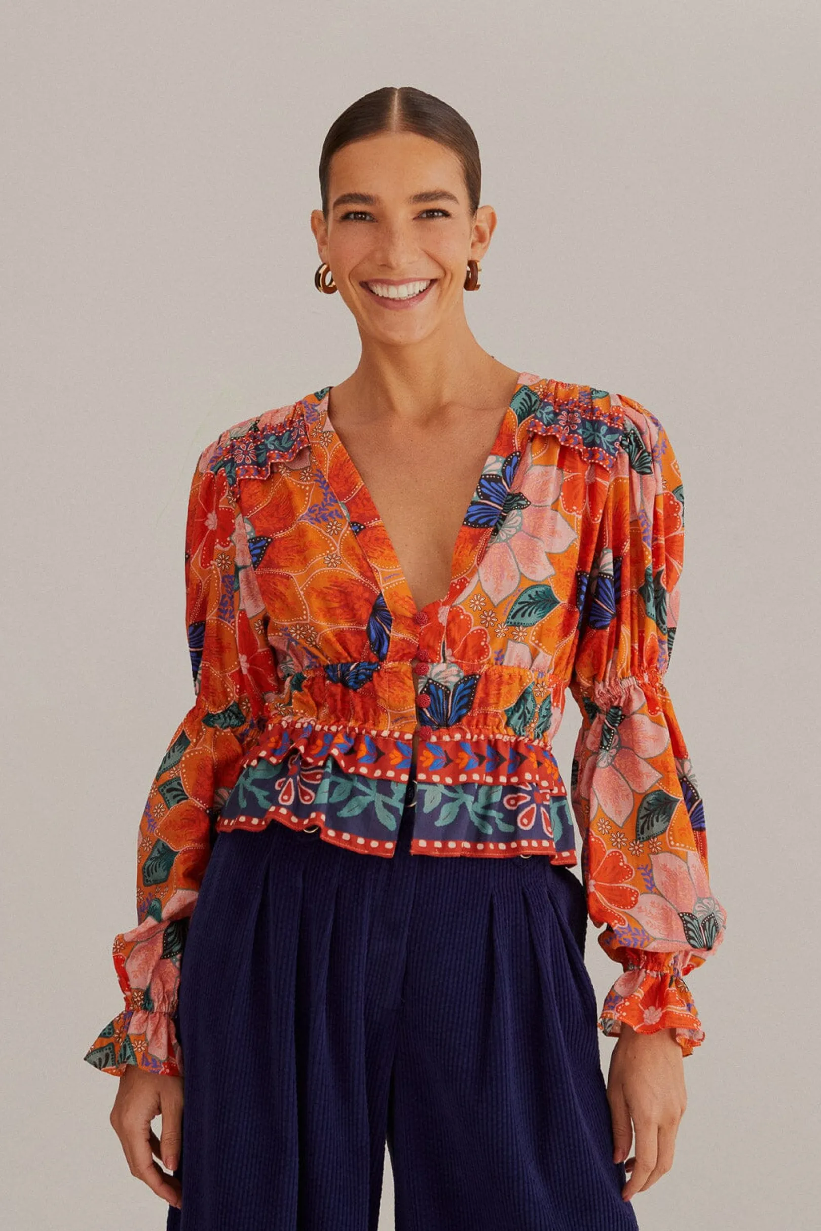 FARM Rio ORANGE MARIAS FLORAL LONG SLEEVE BLOUSE Cheap