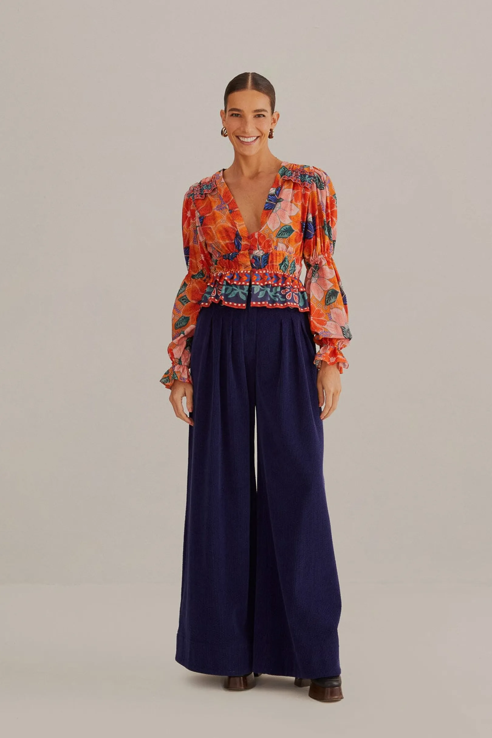 FARM Rio ORANGE MARIAS FLORAL LONG SLEEVE BLOUSE Cheap