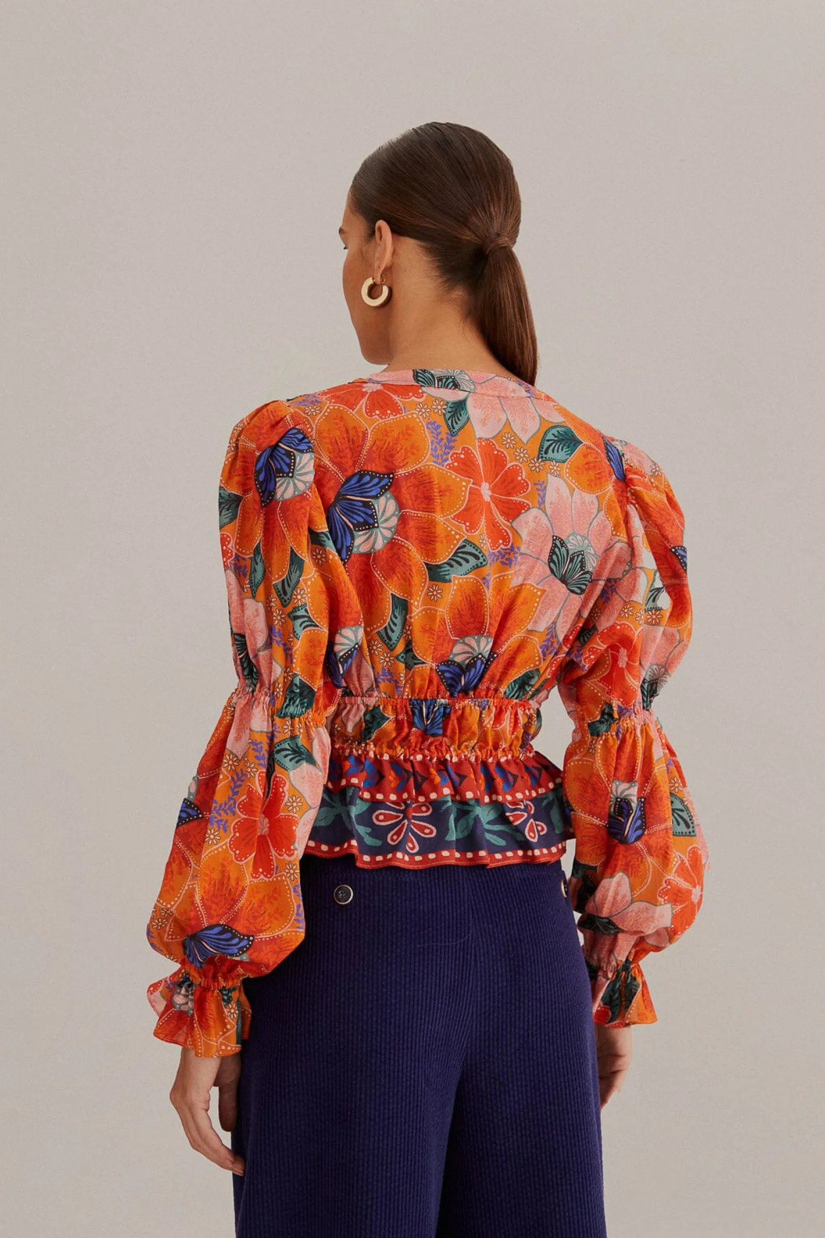 FARM Rio ORANGE MARIAS FLORAL LONG SLEEVE BLOUSE Cheap
