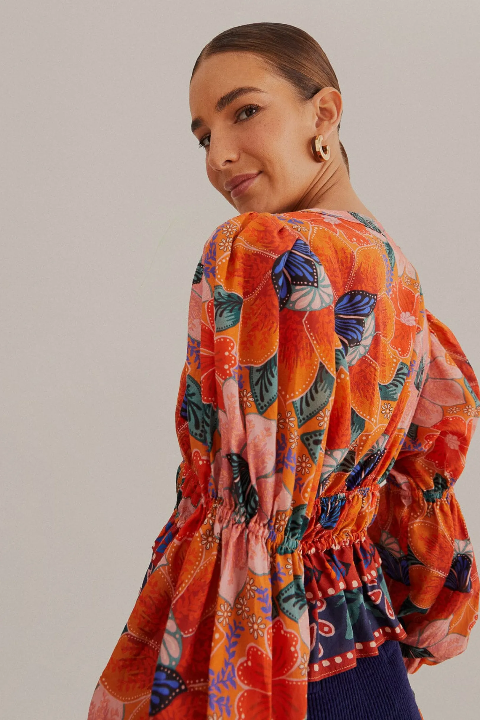 FARM Rio ORANGE MARIAS FLORAL LONG SLEEVE BLOUSE Cheap