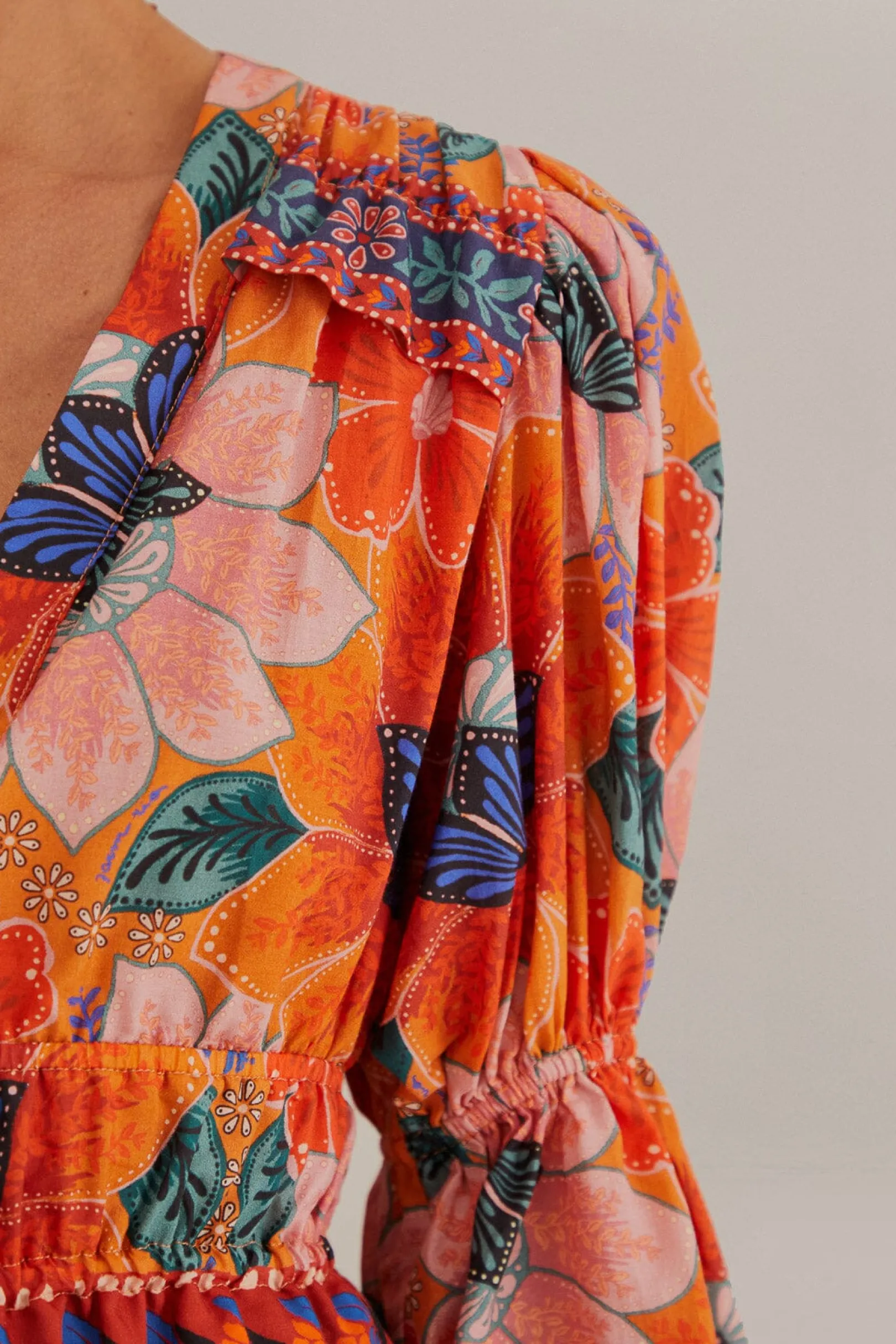 FARM Rio ORANGE MARIAS FLORAL LONG SLEEVE BLOUSE Cheap
