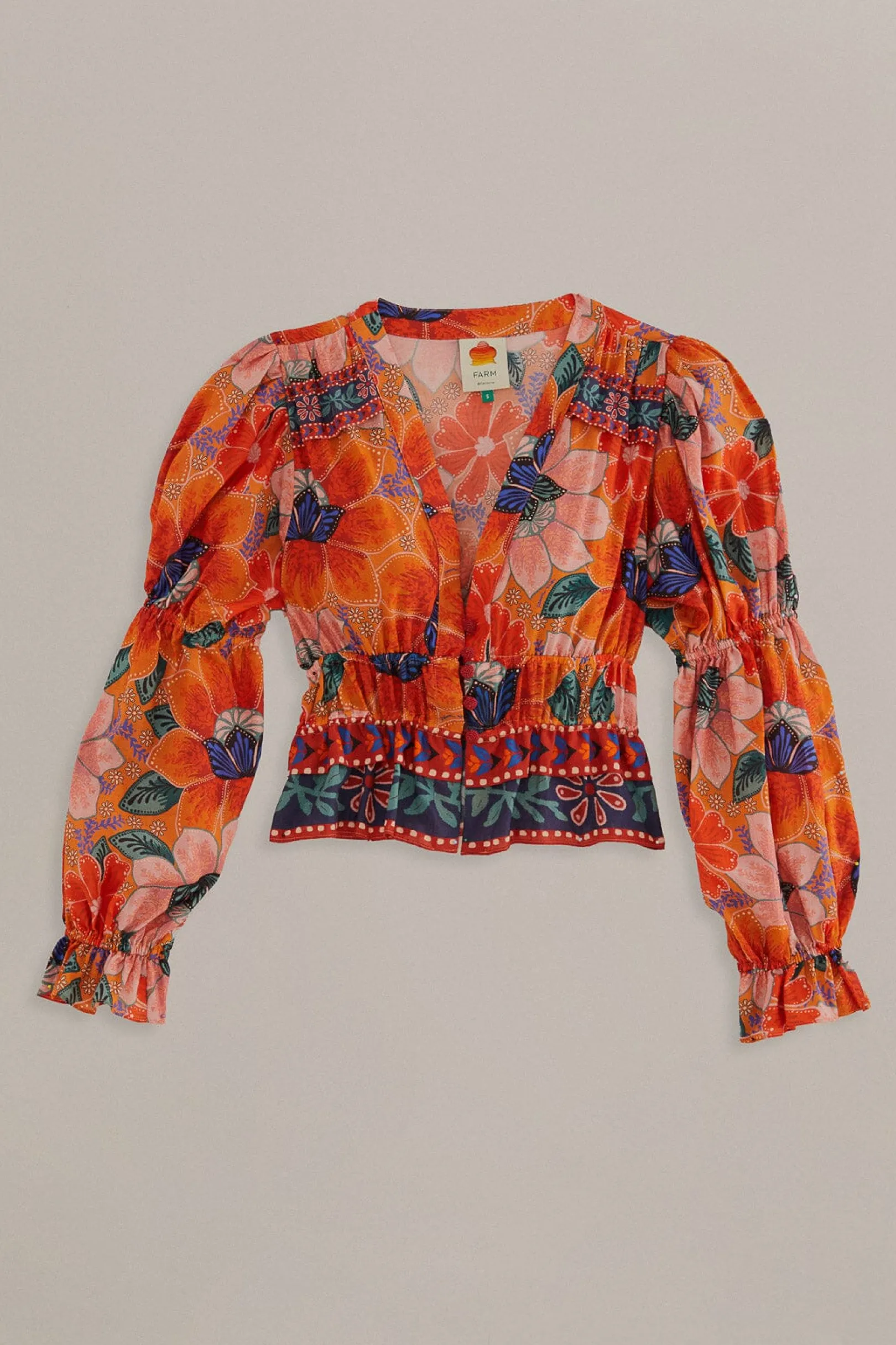 FARM Rio ORANGE MARIAS FLORAL LONG SLEEVE BLOUSE Cheap