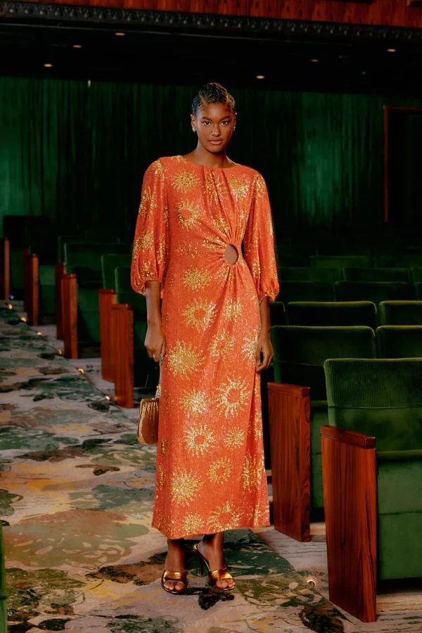 FARM Rio ORANGE SUNNY MOOD SEQUIN CUT OUT MIDI DRESS Store