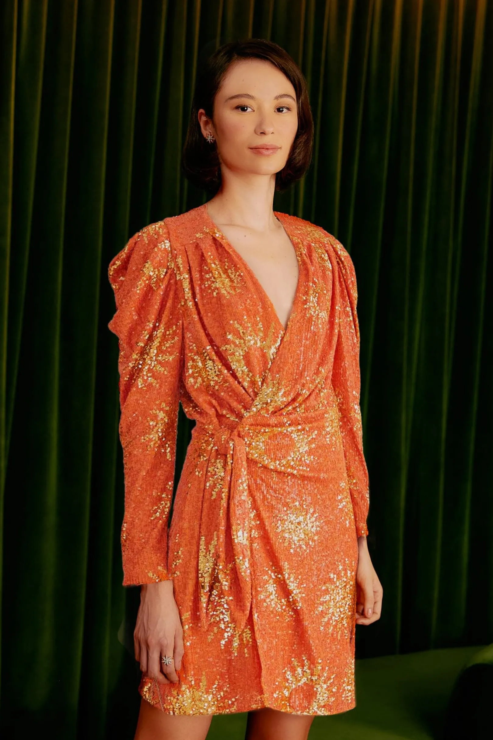 FARM Rio ORANGE SUNNY MOOD SEQUIN LONG SLEEVE MINI DRESS Clearance