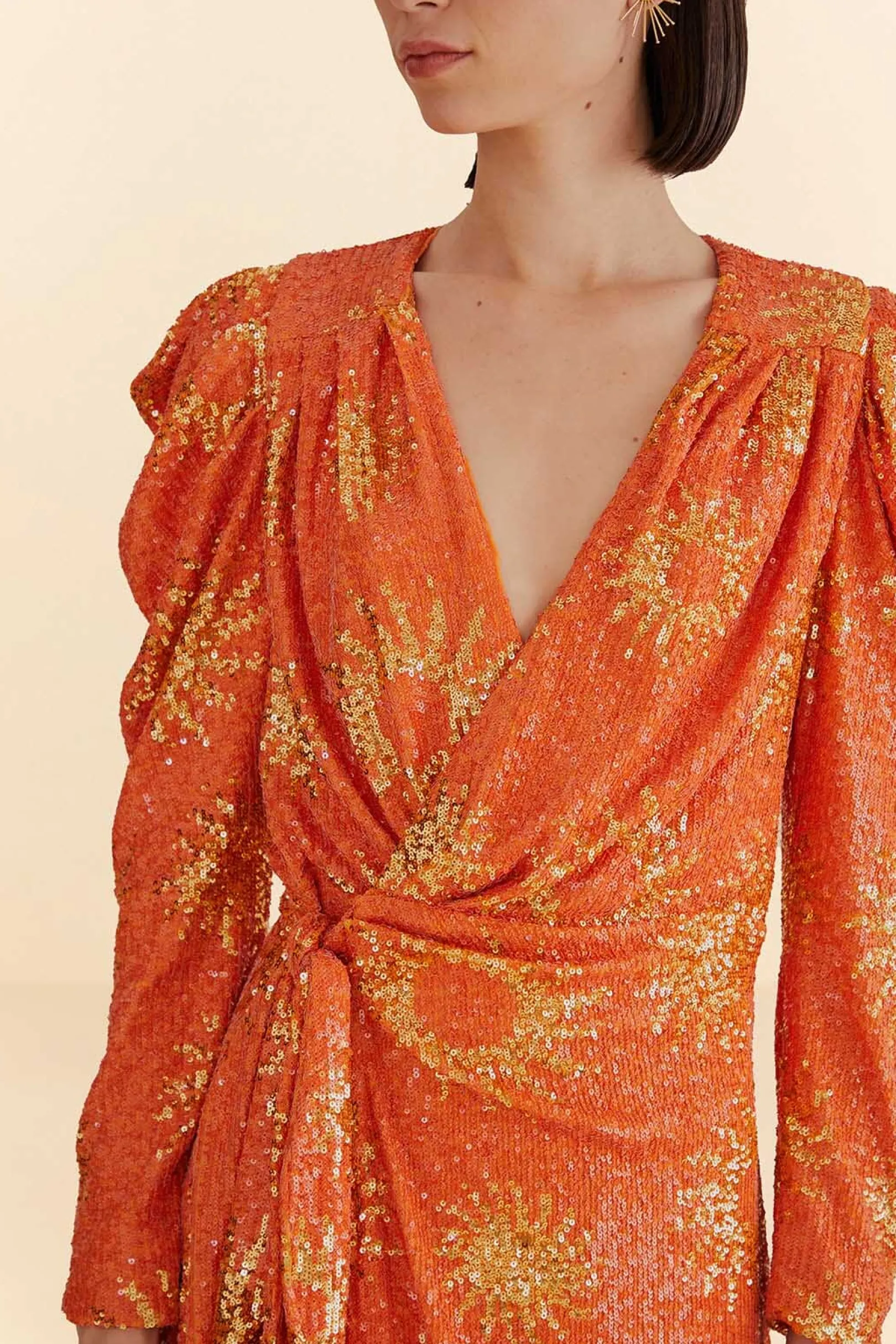 FARM Rio ORANGE SUNNY MOOD SEQUIN LONG SLEEVE MINI DRESS Clearance