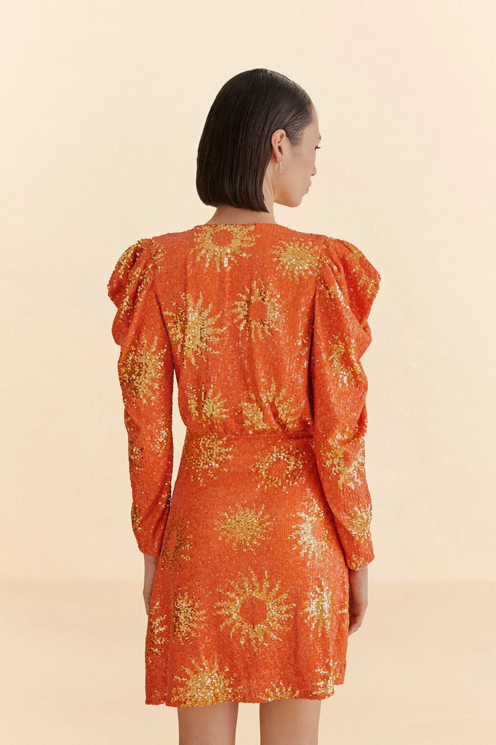 FARM Rio ORANGE SUNNY MOOD SEQUIN LONG SLEEVE MINI DRESS Clearance