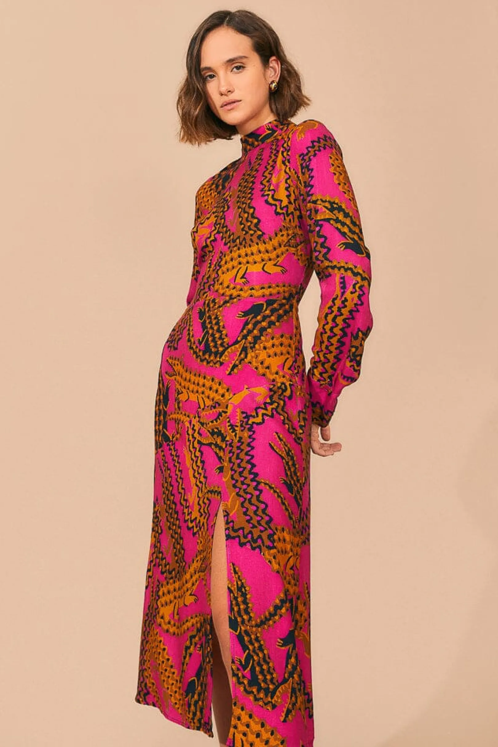 FARM Rio PINK CROCO LENZING™ ECOVERO™ VISCOSE SLIT MIDI DRESS New