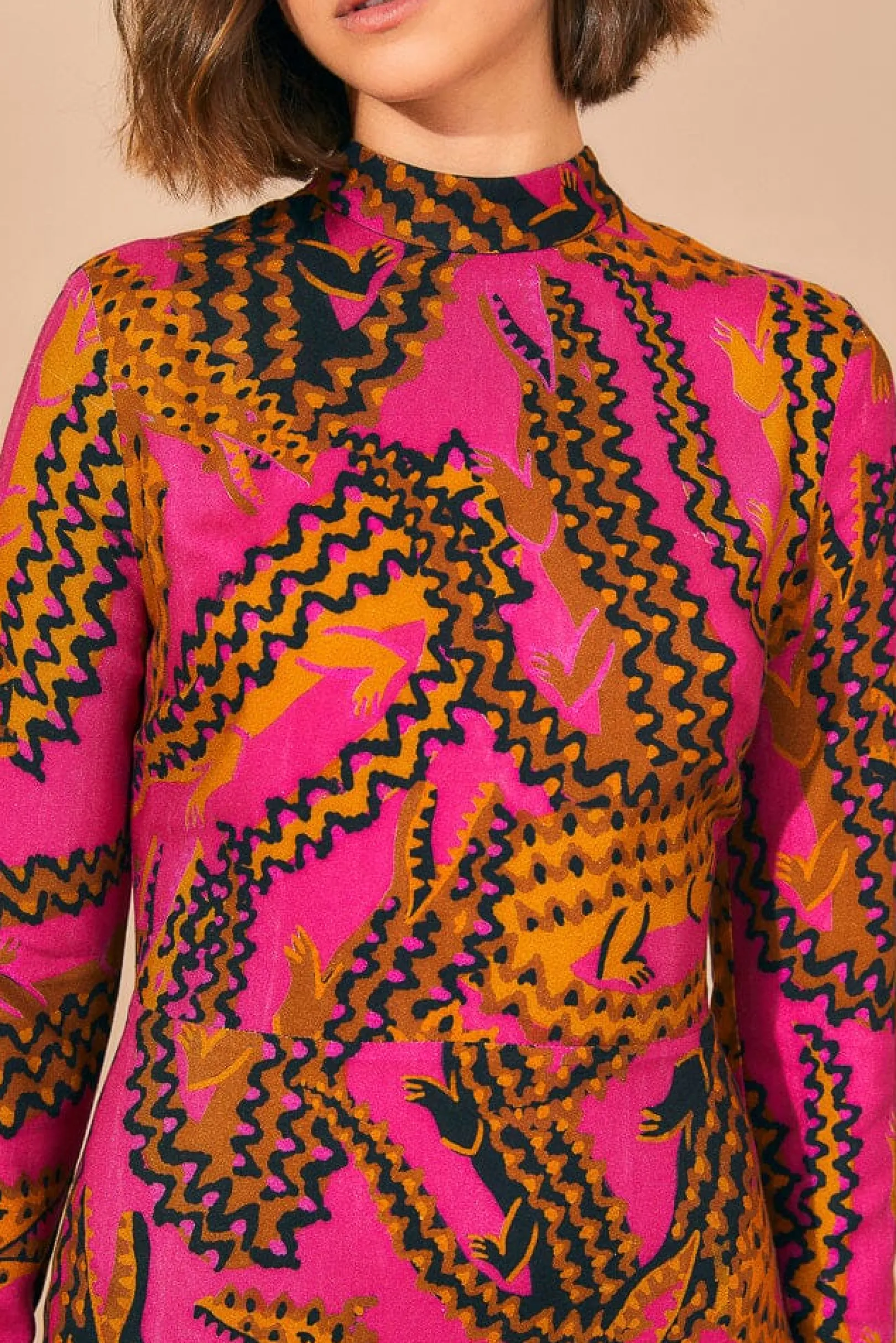 FARM Rio PINK CROCO LENZING™ ECOVERO™ VISCOSE SLIT MIDI DRESS New