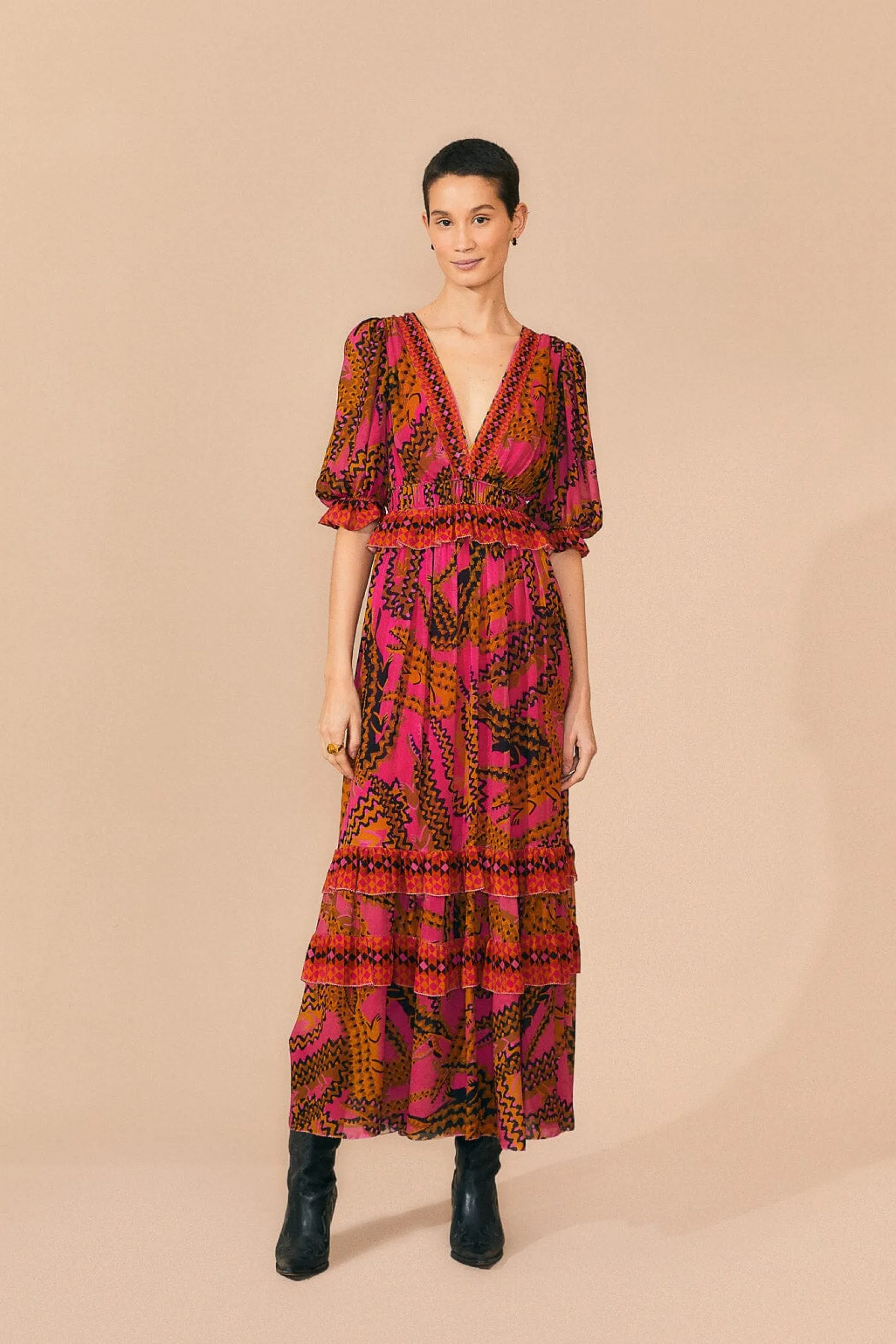 FARM Rio PINK CROCO SHORT SLEEVE MAXI DRESS Hot
