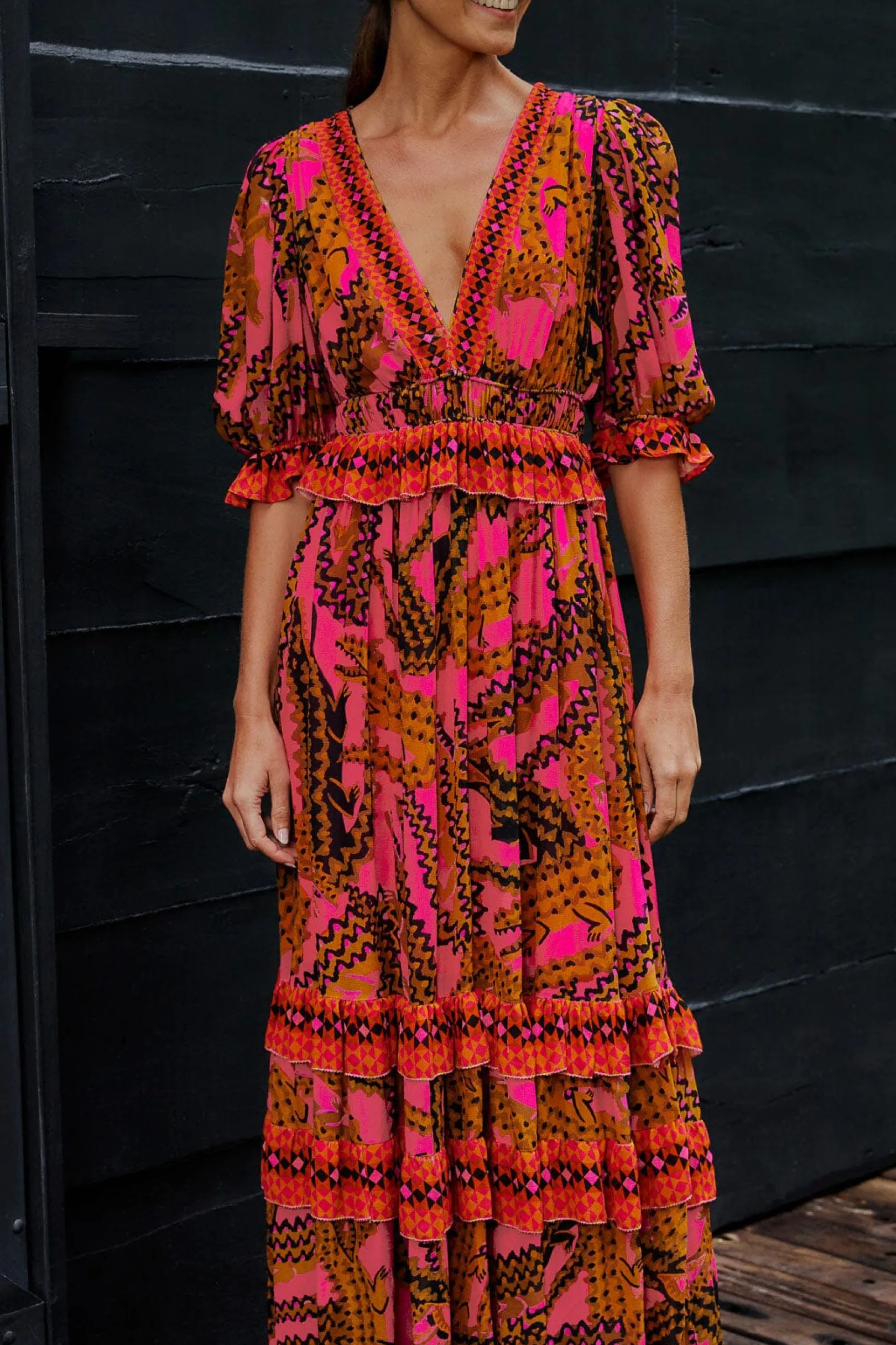 FARM Rio PINK CROCO SHORT SLEEVE MAXI DRESS Hot