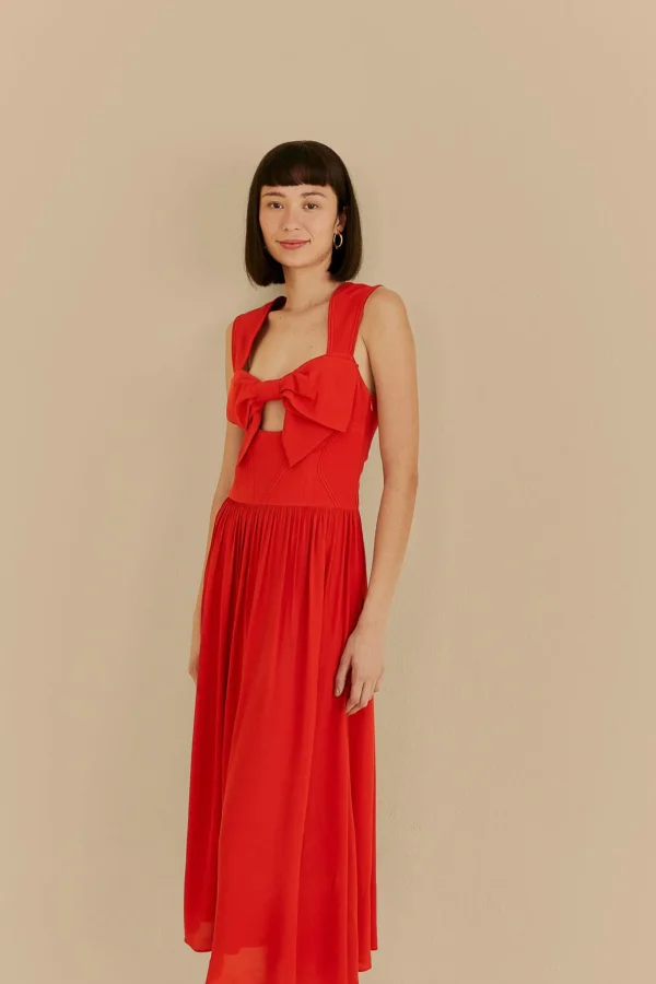 FARM Rio  RED BOW SLEEVELESS MIDI DRESS Cheap