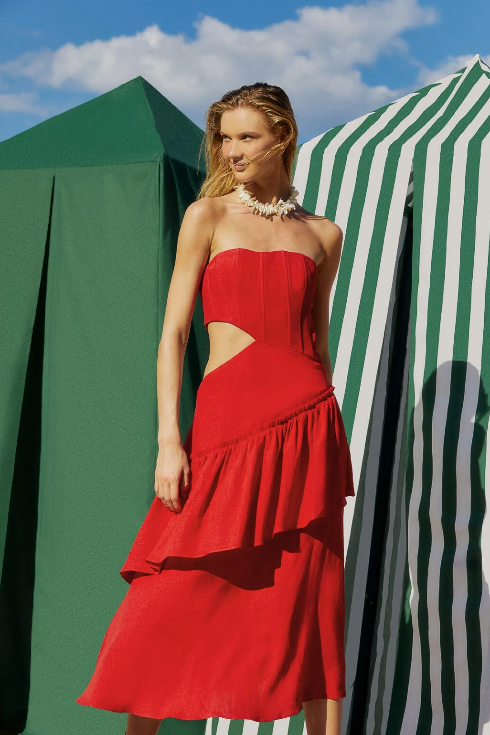 FARM Rio RED CUT OUT STRAPLESS MIDI DRESS Fashion