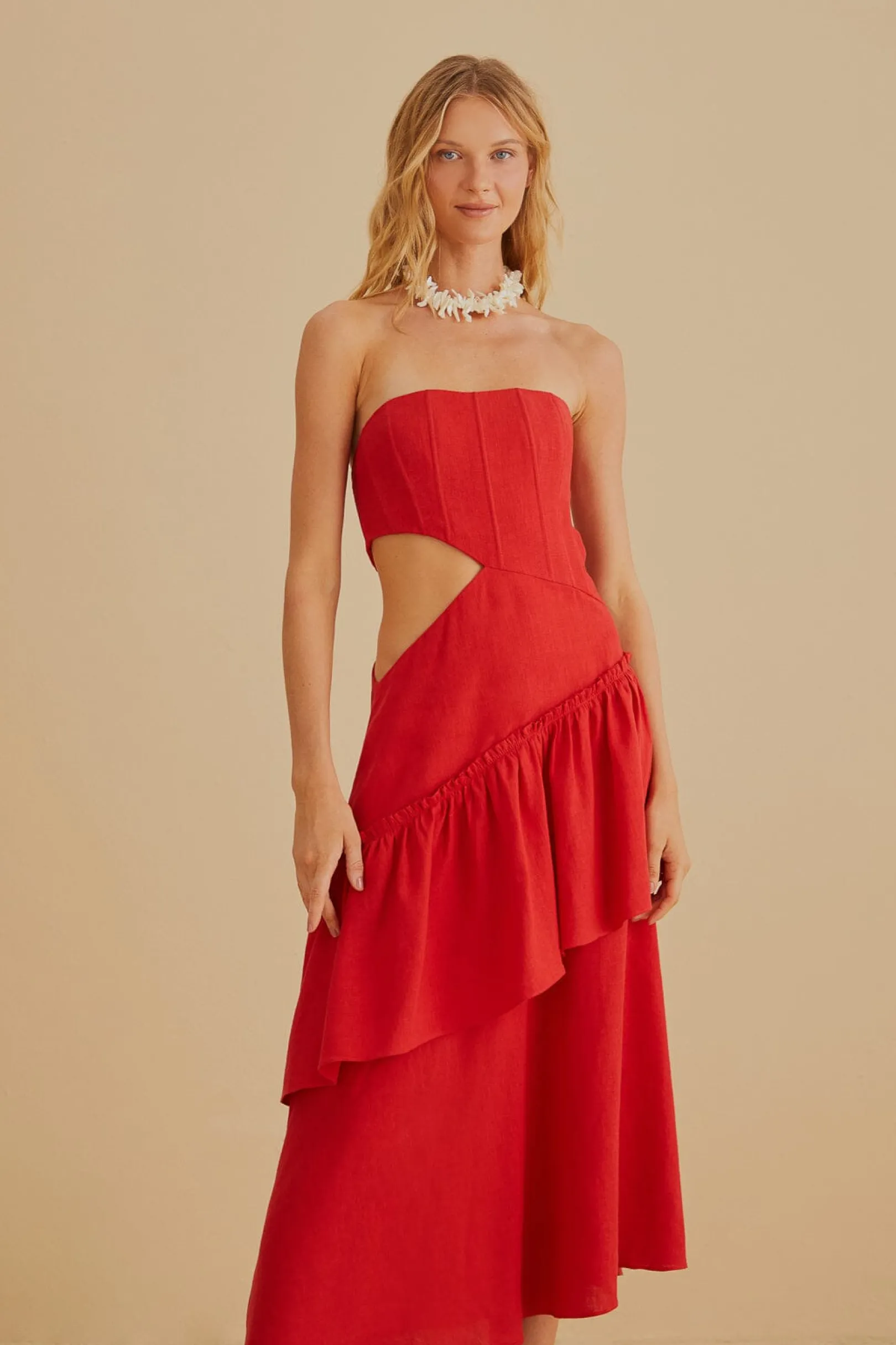 FARM Rio RED CUT OUT STRAPLESS MIDI DRESS Fashion