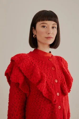 FARM Rio RED FLOWER TEXTURE KNIT CARDIGAN Store