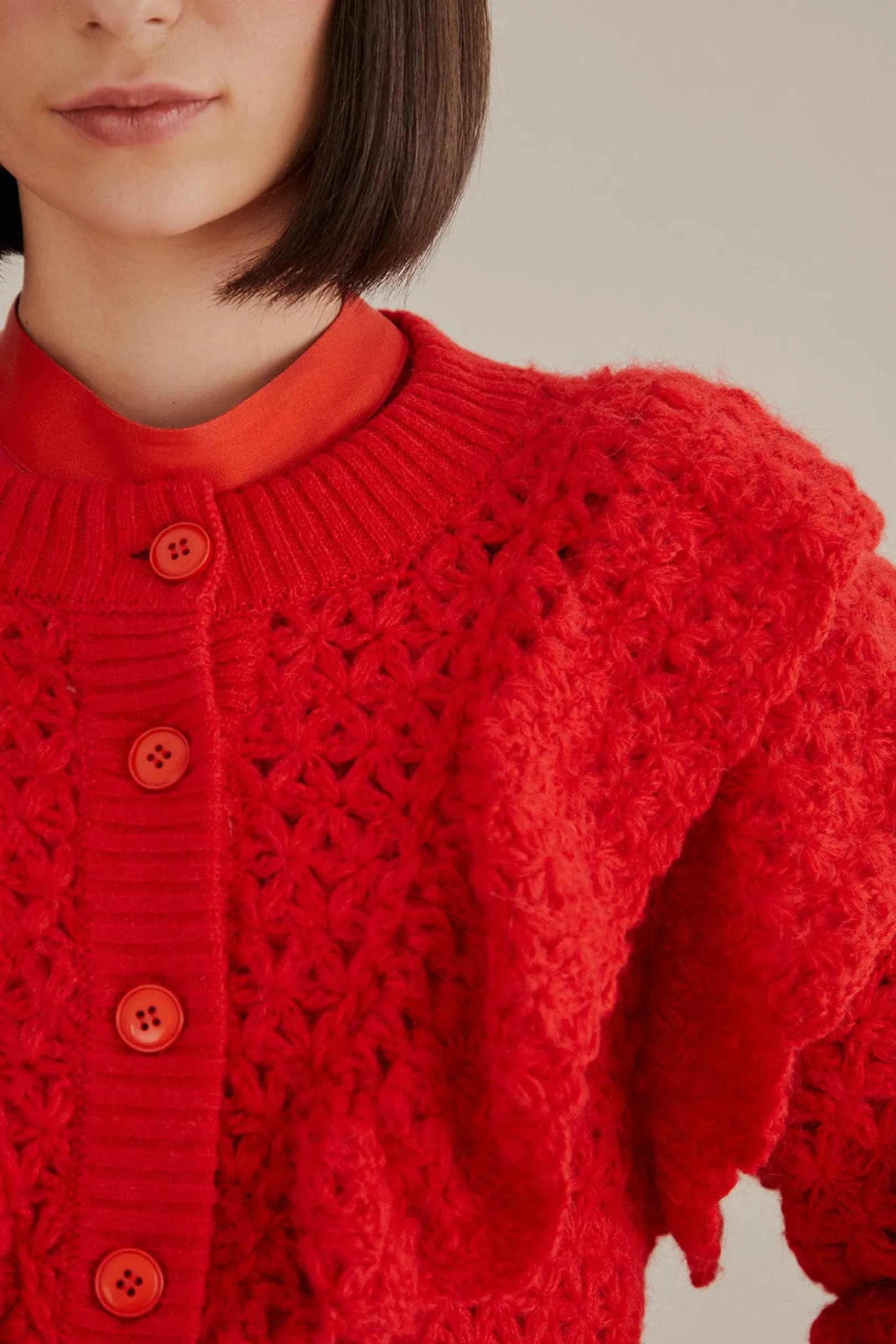 FARM Rio RED FLOWER TEXTURE KNIT CARDIGAN Store