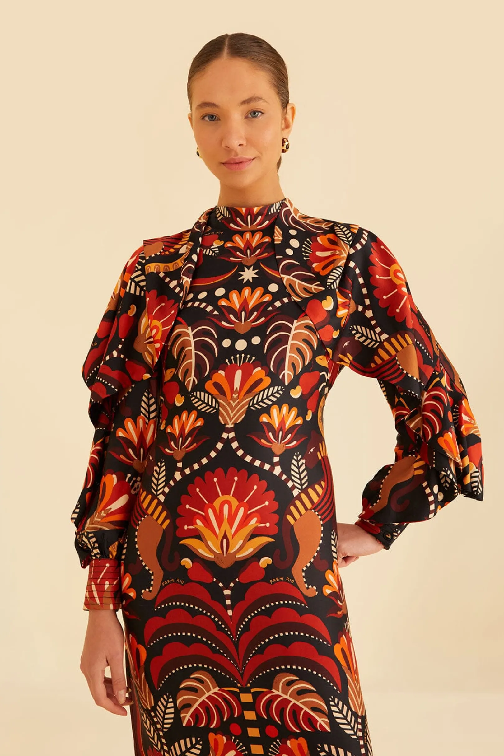 FARM Rio RED NATURE BEAUTY SCARF BACKLESS MIDI DRESS Clearance
