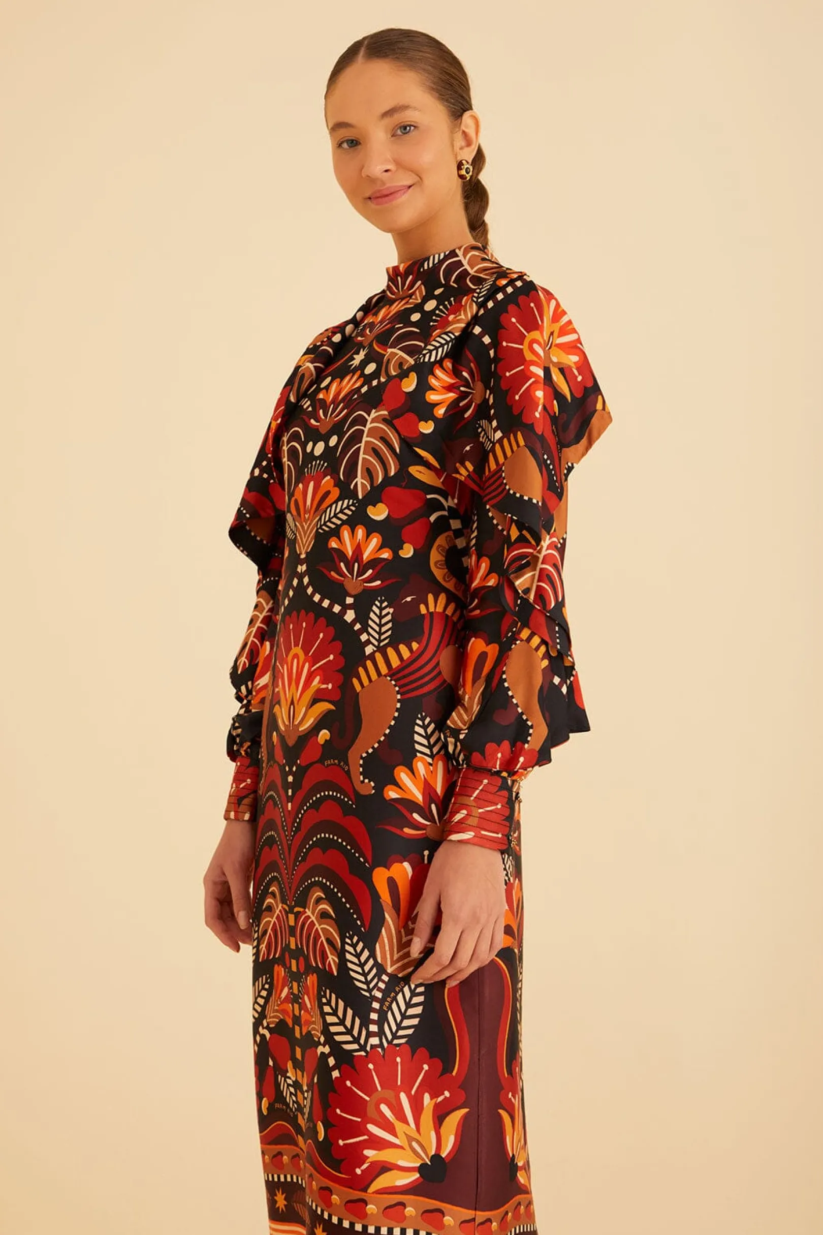 FARM Rio RED NATURE BEAUTY SCARF BACKLESS MIDI DRESS Clearance