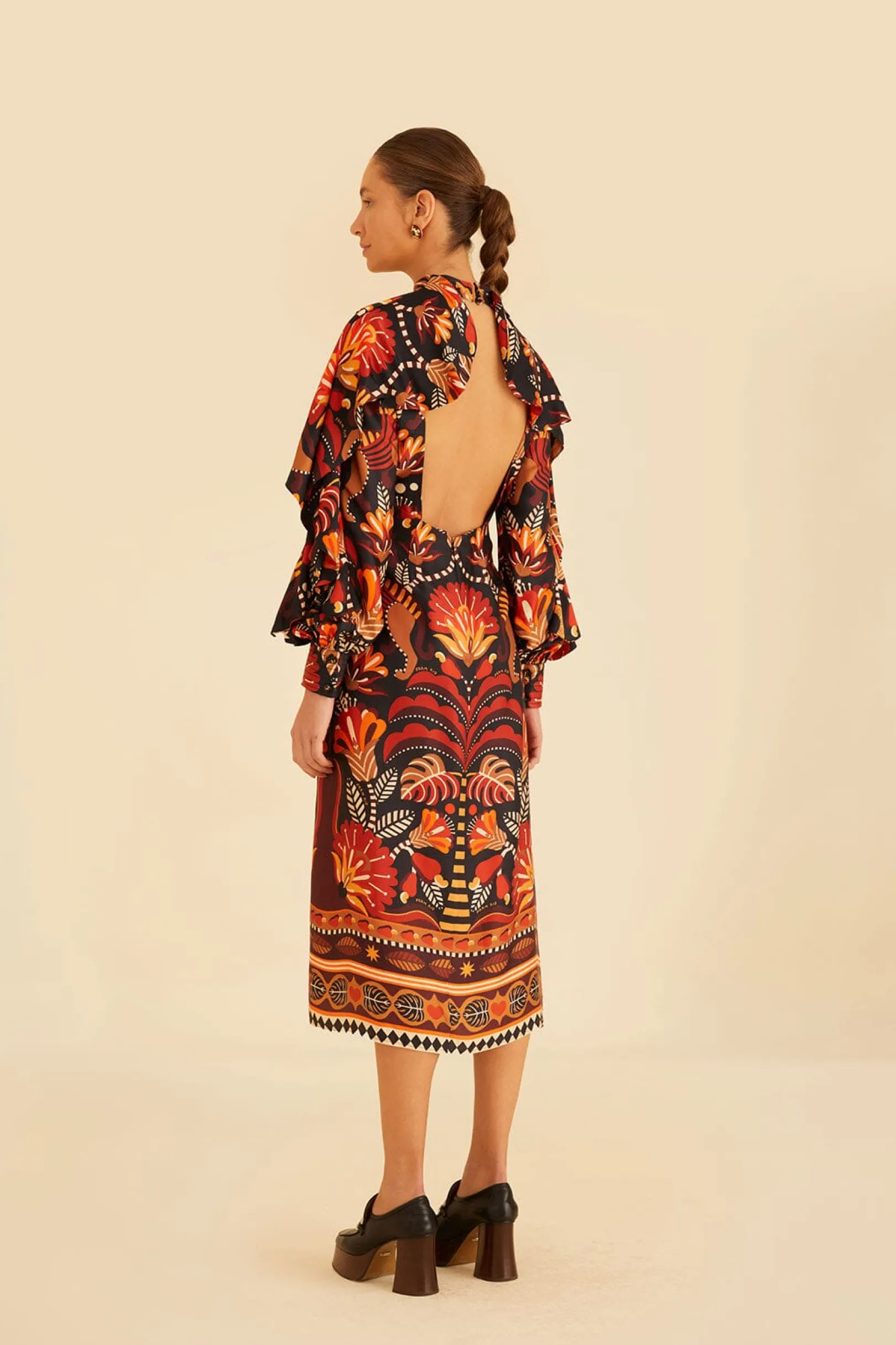 FARM Rio RED NATURE BEAUTY SCARF BACKLESS MIDI DRESS Clearance