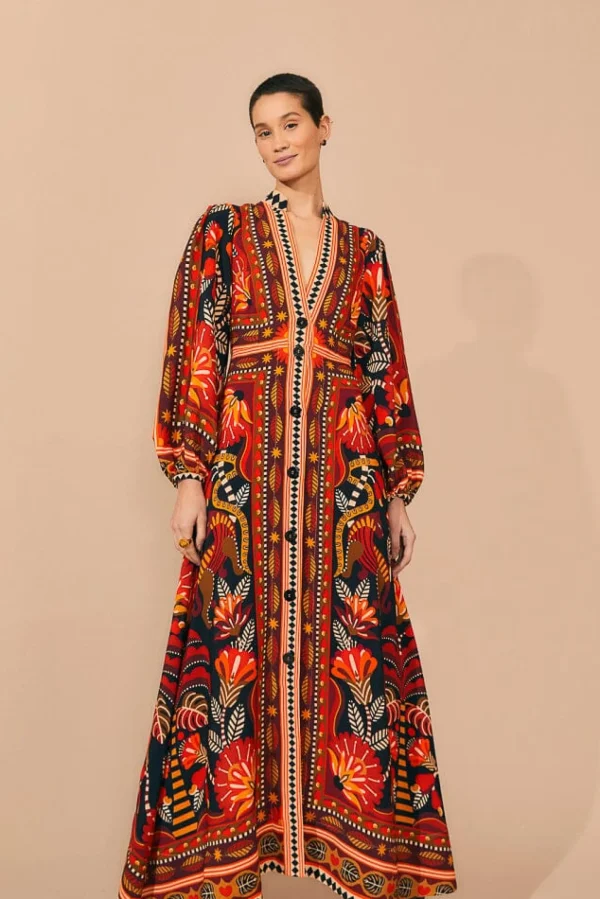 FARM Rio  RED NATURE BEAUTY SCARF LONG SLEEVE MAXI DRESS Online