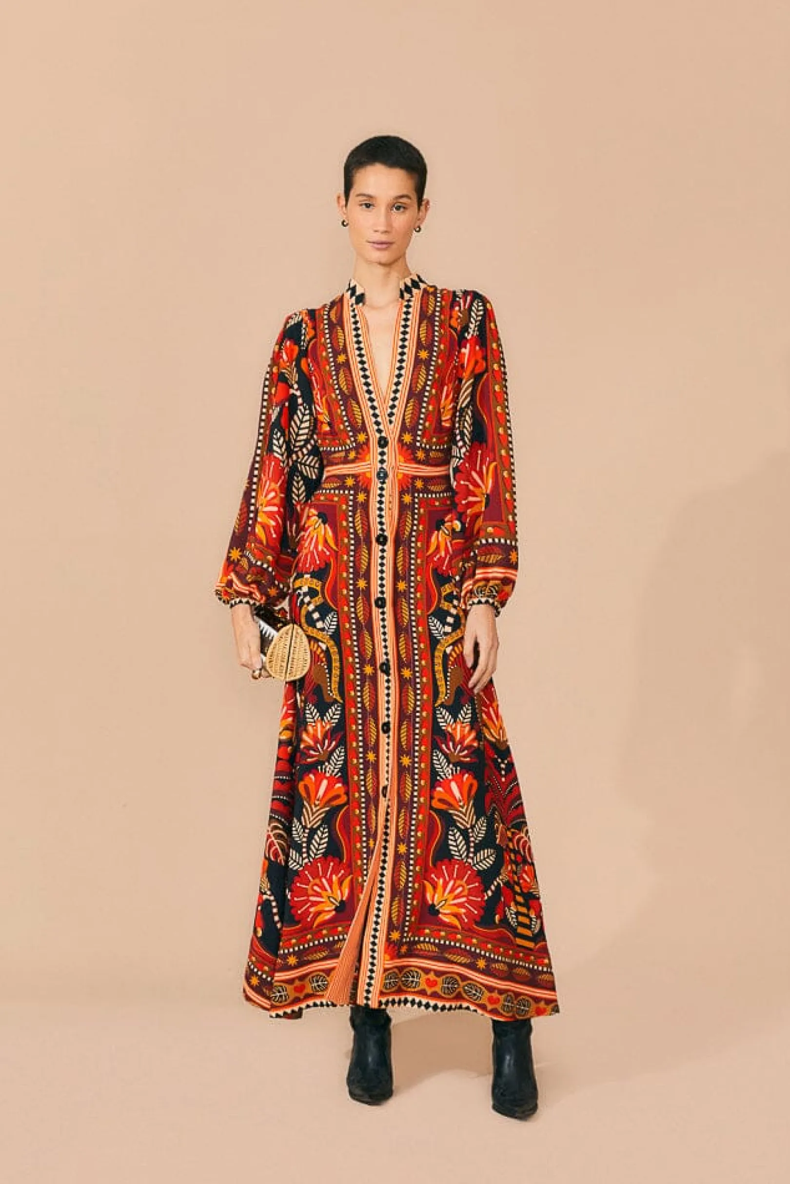 FARM Rio RED NATURE BEAUTY SCARF LONG SLEEVE MAXI DRESS Online
